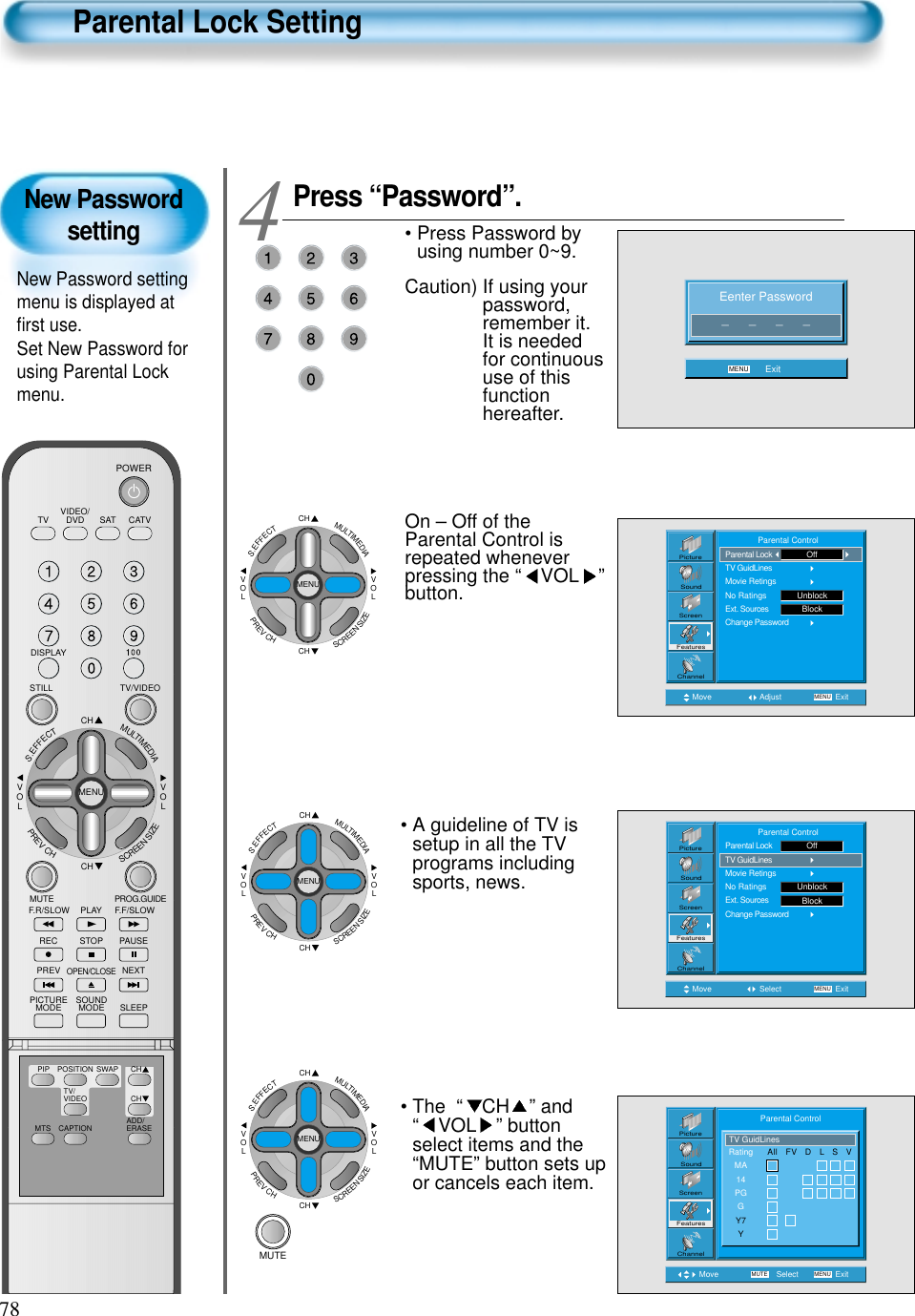 78New PasswordsettingNew Password settingmenu is displayed atﬁrst use.Set New Password forusing Parental Lockmenu.Parental Lock SettingPress “Password”.• Press Password byusing number 0~9.Caution) If using yourpassword,remember it.It is neededfor continuoususe of thisfunctionhereafter. On – Off of theParental Control isrepeated wheneverpressing the “ VOL ”button.4 Eenter Password_      _      _      _MENU ExitMove Adjust MENU ExitPictureScreenSoundFeaturesChannel              Parental ControlParental LockTV GuidLinesMovie RetingsNo RatingsExt. SourcesChange PasswordUnblockOffBlockMove Select MENU ExitPictureScreenSoundFeaturesChannel              Parental ControlParental LockTV GuidLinesMovie RetingsNo RatingsExt. SourcesChange PasswordUnblockOffBlockMove Select MENUMUTE ExitPictureScreenSoundFeaturesChannelRatingMA14PGGY7YTV GuidLinesAll   FV   D   L   S   VParental Control• The  “ CH ” and“ VOL ” buttonselect items and the“MUTE” button sets upor cancels each item.• A guideline of TV issetup in all the TVprograms includingsports, news.CHCHVOLVOLMULTIMEDIAS.EFFECTMENUPREVCHSCREENSIZECHCHVOLVOLMULTIMEDIAS.EFFECTMENUPREVCHSCREENSIZECHCHVOLVOLMULTIMEDIAS.EFFECTMENUPREVCHSCREENSIZEMUTEVIDEO/DVD SATTV CATVDISPLAYTV/VIDEOSTILLCHCHVOLVOLMULTIMEDIAS.EFFECTMENUPREVCHSCREENSIZEMUTE PROG.GUIDEF.F/SLOWPLAYF.R/SLOWREC STOP PAUSEPREVOPEN/CLOSENEXTPICTUREMODE SOUNDMODE SLEEPPOWERMTS CAPTIONPIP POSITION SWAPTV/VIDEOADD/ERASECHCH
