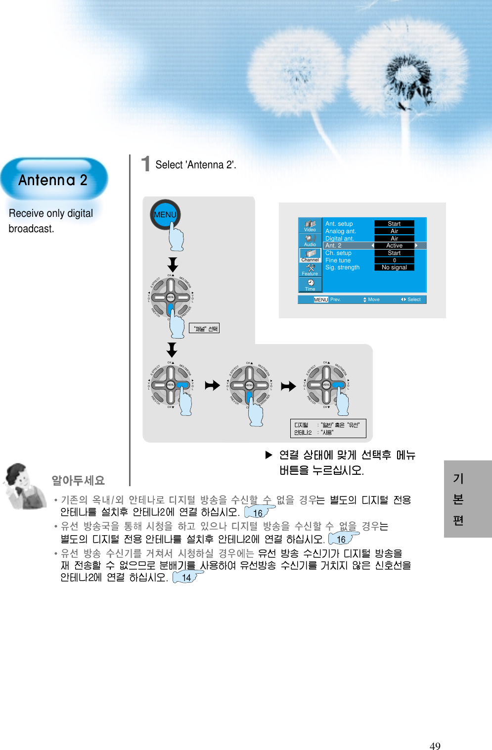 491Select &apos;Antenna 2&apos;.CHCHVOLVOLMULTIMEDIAS.EFFECTMENUPREVCHSCREENSIZEMENUCHCHVOLVOLMULTIMEDIAS.EFFECTMENUPREVCHSCREENSIZEVideoChannelMENUAudioFeatureTimePrev. Move SelectAnt. setupAnalog ant.Digital ant.Ant. 2Ch. setupFine tuneSig. strengthStartAirAirActiveStartNo signalReceive only digitalbroadcast.CHCHVOLVOLMULTIMEDIAS.EFFECTMENUPREVCHSCREENSIZECHCHVOLVOLMULTIMEDIAS.EFFECTMENUPREVCHSCREENSIZE