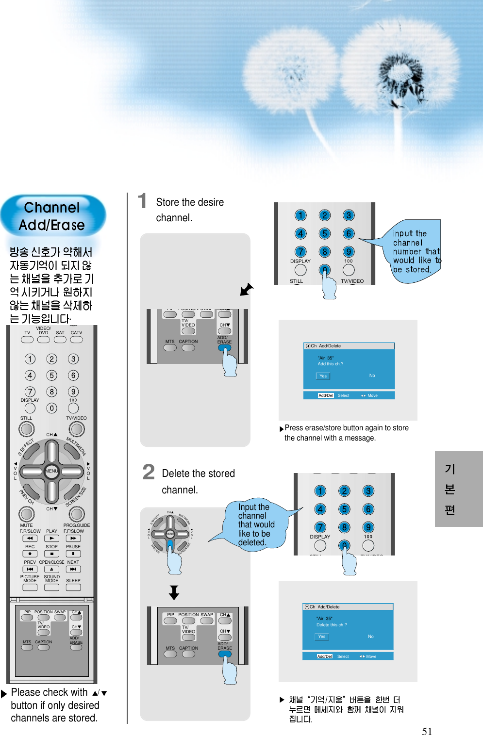 511 Store the desirechannel.2 Delete the storedchannel.DISPLAYTV/VIDEOSTILLMTS CAPTIONPIP POSITION SWAPTV/VIDEOADD/ERASECHCHCHCHVOLVOLMULTIMEDIAS.EFFECTMENUPREVCHSCREENSIZEDISPLAYTV/VIDEOSTILLMTS CAPTIONPIP POSITION SWAPTV/VIDEOADD/ERASECHCHInput thechannelthat wouldlike to bedeleted.Ch Add/Delete&quot;Air  35&quot;Add this ch.?YesAdd/Del Select MoveNoCh Add/Delete&quot;Air  35&quot;Delete this ch.?YesAdd/Del Select MoveNoPlease check with  /button if only desiredchannels are stored. .Press erase/store button again to storethe channel with a message.VIDEO/DVD SATTV CATVDISPLAYTV/VIDEOSTILLCHCHVOLVOLMULTIMEDIAS.EFFECTMENUPREVCHSCREENSIZEMUTE PROG.GUIDEF.F/SLOWPLAYF.R/SLOWREC STOP PAUSEPREVOPEN/CLOSENEXTPICTUREMODE SOUNDMODE SLEEPMTS CAPTIONPIP POSITION SWAPTV/VIDEOADD/ERASECHCH