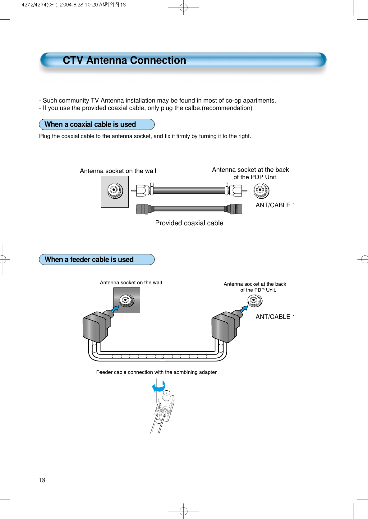 CTV Antenna Connection18- Such community TV Antenna installation may be found in most of co-op apartments.- If you use the provided coaxial cable, only plug the calbe.(recommendation)When a coaxial cable is usedPlug the coaxial cable to the antenna socket, and ﬁx it ﬁrmly by turning it to the right.When a feeder cable is usedANT/CABLE 1ANT/CABLE 1Provided coaxial cable