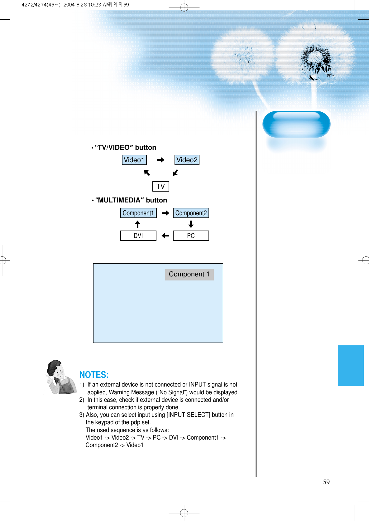 59NOTES:1)  If an external device is not connected or INPUT signal is notapplied, Warning Message (“No Signal”) would be displayed.2)  In this case, check if external device is connected and/orterminal connection is properly done.3) Also, you can select input using [INPUT SELECT] button inthe keypad of the pdp set.  The used sequence is as follows:Video1 -&gt; Video2 -&gt; TV -&gt; PC -&gt; DVI -&gt; Component1 -&gt;Component2 -&gt; Video1Component 1Component1PCDVIComponent2Video1 Video2TV•“MULTIMEDIA””button•“TV/VIDEO””button