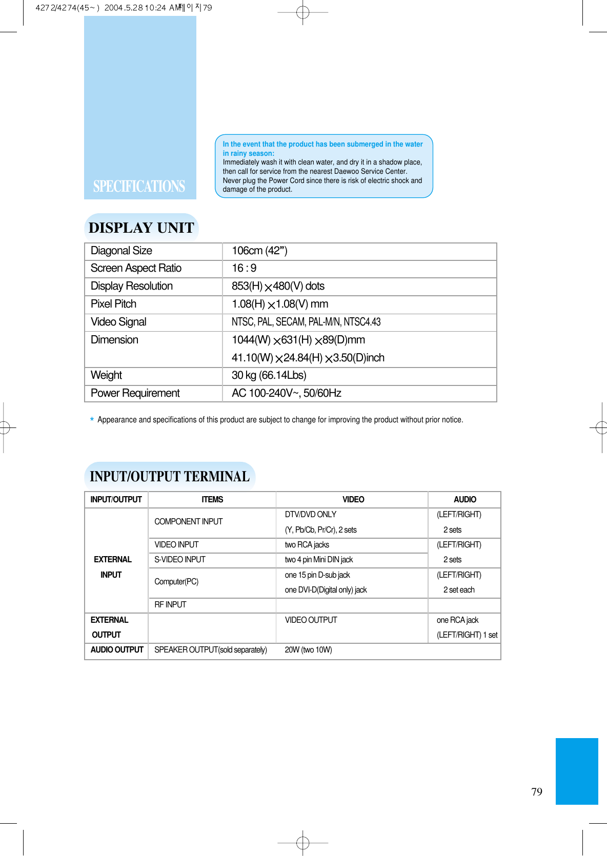79SPECIFICATIONSIn the event that the product has been submerged in the waterin rainy season:Immediately wash it with clean water, and dry it in a shadow place,then call for service from the nearest Daewoo Service Center.Never plug the Power Cord since there is risk of electric shock anddamage of the product. * Appearance and speciﬁcations of this product are subject to change for improving the product without prior notice.DISPLAY UNITINPUT/OUTPUT TERMINALINPUT/OUTPUT ITEMS VIDEO AUDIOCOMPONENT INPUT DTV/DVD ONLY (LEFT/RIGHT)(Y, Pb/Cb, Pr/Cr), 2 sets 2 setsVIDEO INPUT two RCA jacks (LEFT/RIGHT)EXTERNAL S-VIDEO INPUT two 4 pin Mini DIN jack 2 setsINPUT Computer(PC) one 15 pin D-sub jack (LEFT/RIGHT)one DVI-D(Digital only) jack 2 set eachRF INPUTEXTERNAL  VIDEO OUTPUT one RCA jack OUTPUT (LEFT/RIGHT) 1 setAUDIO OUTPUT SPEAKER OUTPUT(sold separately) 20W (two 10W)Diagonal Size 106cm (42 )Screen Aspect Ratio 16 : 9Display Resolution 853(H) 480(V) dotsPixel Pitch 1.08(H) 1.08(V) mmVideo SignalNTSC, PAL, SECAM, PAL-M/N, NTSC4.43Dimension 1044(W) 631(H) 89(D)mm41.10(W) 24.84(H) 3.50(D)inchWeight 30 kg (66.14Lbs)Power Requirement AC 100-240V~, 50/60Hz