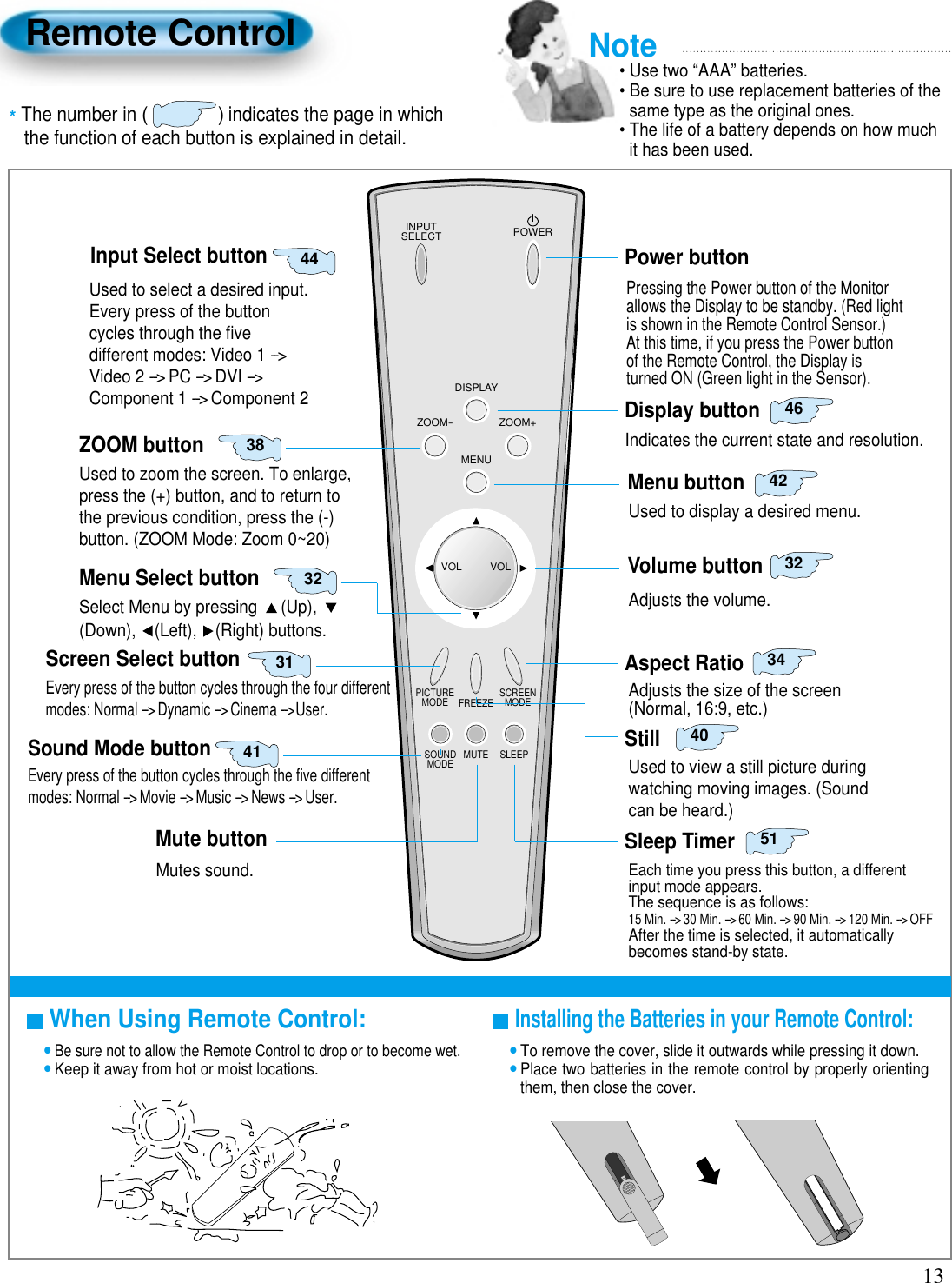 13Remote ControlWhen Using Remote Control:•Be sure not to allow the Remote Control to drop or to become wet.•Keep it away from hot or moist locations.Installing the Batteries in your Remote Control:•To remove the cover, slide it outwards while pressing it down.•Place two batteries in the remote control by properly orientingthem, then close the cover.INPUTSELECT POWERDISPLAYZOOM-PICTUREMODE SCREENMODEFREEZEMUTESOUNDMODE SLEEPZOOM+MENUVOL VOLInput Select buttonUsed to select a desired input.Every press of the buttoncycles through the ﬁvedifferent modes: Video 1 --&gt;Video 2 --&gt; PC --&gt; DVI --&gt;Component 1 --&gt; Component 2Used to zoom the screen. To enlarge,press the (+) button, and to return tothe previous condition, press the (-)button. (ZOOM Mode: Zoom 0~20)Select Menu by pressing  (Up), (Down), (Left), (Right) buttons.Every press of the button cycles through the four differentmodes: Normal --&gt; Dynamic --&gt; Cinema --&gt; User.Every press of the button cycles through the ﬁve differentmodes: Normal --&gt; Movie --&gt; Music --&gt; News --&gt; User.Mutes sound.Pressing the Power button of the Monitorallows the Display to be standby. (Red lightis shown in the Remote Control Sensor.)At this time, if you press the Power buttonof the Remote Control, the Display isturned ON (Green light in the Sensor).Indicates the current state and resolution.Used to display a desired menu.Adjusts the volume.Adjusts the size of the screen (Normal, 16:9, etc.)Used to view a still picture duringwatching moving images. (Soundcan be heard.) Each time you press this button, a differentinput mode appears. The sequence is as follows:15 Min. --&gt; 30 Min. --&gt; 60 Min. --&gt; 90 Min. --&gt; 120 Min. --&gt; OFFAfter the time is selected, it automaticallybecomes stand-by state.4432Menu Select button38Screen Select button31Sound Mode button41Mute buttonAspect Ratio34Still40Sleep Timer51Power buttonDisplay button46ZOOM buttonMenu button42Volume button32Note• Use two “AAA” batteries.• Be sure to use replacement batteries of thesame type as the original ones.• The life of a battery depends on how muchit has been used. *The number in ()indicates the page in which the function of each button is explained in detail.