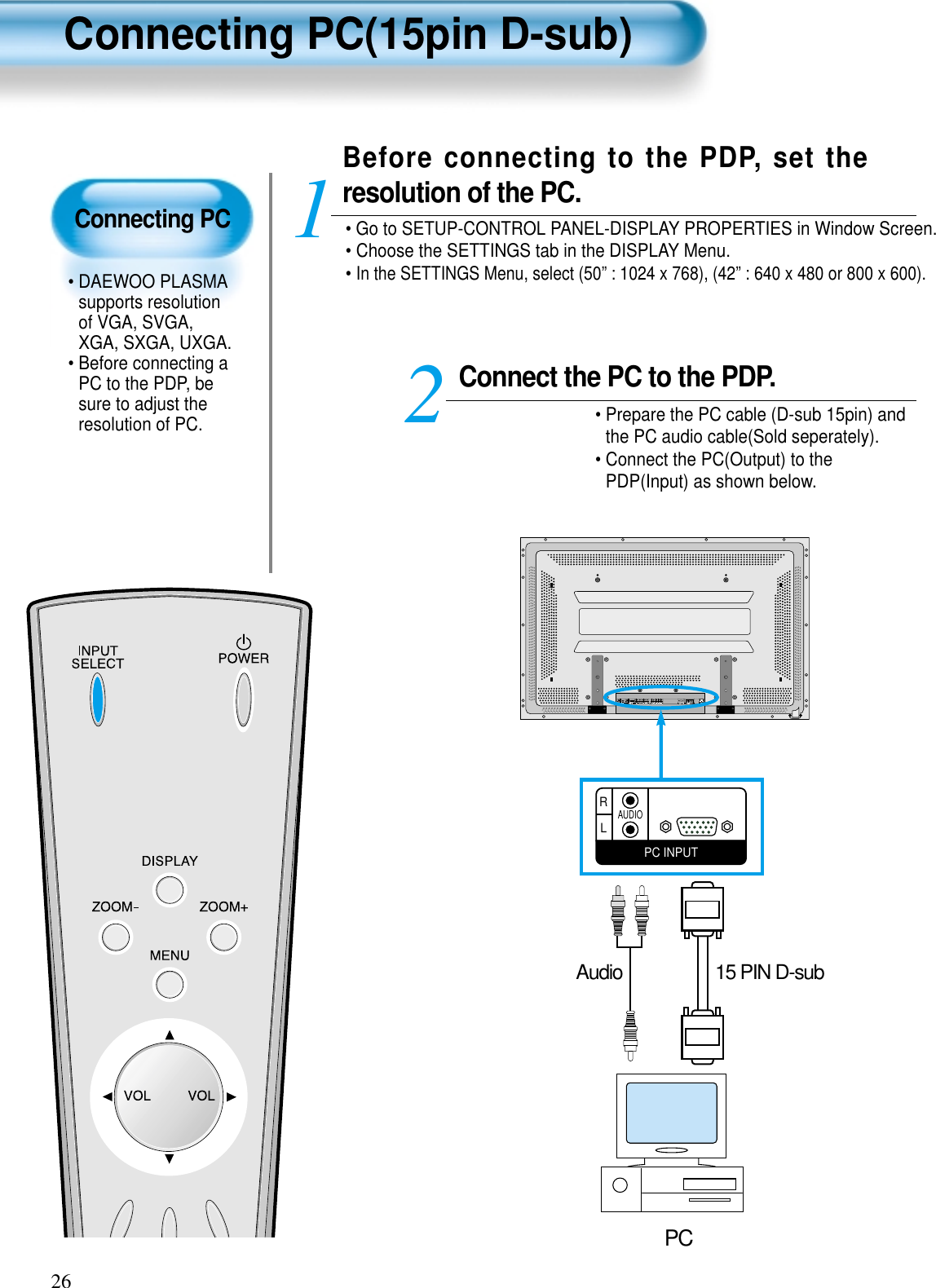 Connecting PC• DAEWOO PLASMAsupports resolutionof VGA, SVGA,XGA, SXGA, UXGA.• Before connecting aPC to the PDP, besure to adjust theresolution of PC.Connecting PC(15pin D-sub)26Connect the PC to the PDP.• Prepare the PC cable (D-sub 15pin) andthe PC audio cable(Sold seperately).• Connect the PC(Output) to thePDP(Input) as shown below. 2Before connecting to the PDP, set theresolution of the PC.• Go to SETUP-CONTROL PANEL-DISPLAY PROPERTIES in Window Screen.• Choose the SETTINGS tab in the DISPLAY Menu.• In the SETTINGS Menu, select (50” : 1024 x 768), (42” : 640 x 480 or 800 x 600).1PC INPUTLRAUDIO15 PIN D-subAudioPC