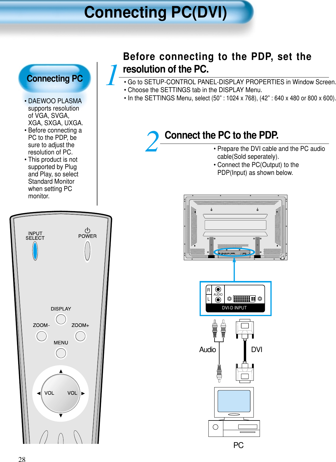 Connecting PC• DAEWOO PLASMAsupports resolutionof VGA, SVGA,XGA, SXGA, UXGA.• Before connecting aPC to the PDP, besure to adjust theresolution of PC.• This product is notsupported by Plugand Play, so selectStandard Monitorwhen setting PCmonitor.Connecting PC(DVI)28Connect the PC to the PDP.• Prepare the DVI cable and the PC audiocable(Sold seperately).• Connect the PC(Output) to thePDP(Input) as shown below. 2Before connecting to the PDP, set theresolution of the PC.• Go to SETUP-CONTROL PANEL-DISPLAY PROPERTIES in Window Screen.• Choose the SETTINGS tab in the DISPLAY Menu.• In the SETTINGS Menu, select (50” : 1024 x 768), (42” : 640 x 480 or 800 x 600).1DVI-D INPUTLRAUDIODVIAudioPC