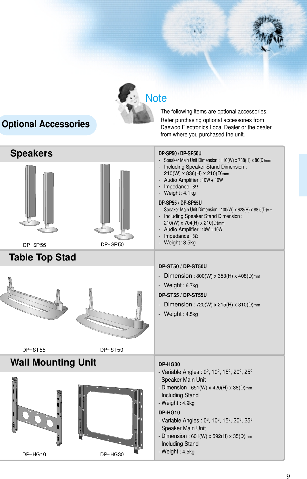 9NoteThe following items are optional accessories.Refer purchasing optional accessories fromDaewoo Electronics Local Dealer or the dealerfrom where you purchased the unit. Optional AccessoriesTable Top StadSpeakersDP-SP50 / DP-SP50U- Speaker Main Unit Dimension : 110(W) x 738(H) x 86(D)mm-Including Speaker Stand Dimension : 210(W) x 836(H) x 210(D)mm-Audio Ampliﬁer: 10W + 10W-Impedance: 8Ω-Weight: 4.1kgDP-SP55 / DP-SP55U-Speaker Main Unit Dimension : 100(W) x 628(H) x 88.5(D)mm-Including Speaker Stand Dimension: 210(W) x 704(H) x 210(D)mm-Audio Ampliﬁer: 10W + 10W-Impedance: 8Ω-Weight: 3.5kgDP-ST50 / DP-ST50U-Dimension: 800(W) x 353(H) x 408(D)mm-Weight: 6.7kgDP-ST55 / DP-ST55U-Dimension: 720(W) x 215(H) x 310(D)mm-Weight: 4.5kgWall Mounting UnitDP-HG30 - Variable Angles : 0º, 10º, 15º, 20º, 25ºSpeaker Main Unit- Dimension: 651(W) x 420(H) x 38(D)mmIncluding Stand- Weight: 4.9kgDP-HG10 - Variable Angles : 0º, 10º, 15º, 20º, 25ºSpeaker Main Unit- Dimension: 601(W) x 592(H) x 35(D)mmIncluding Stand- Weight: 4.5kg