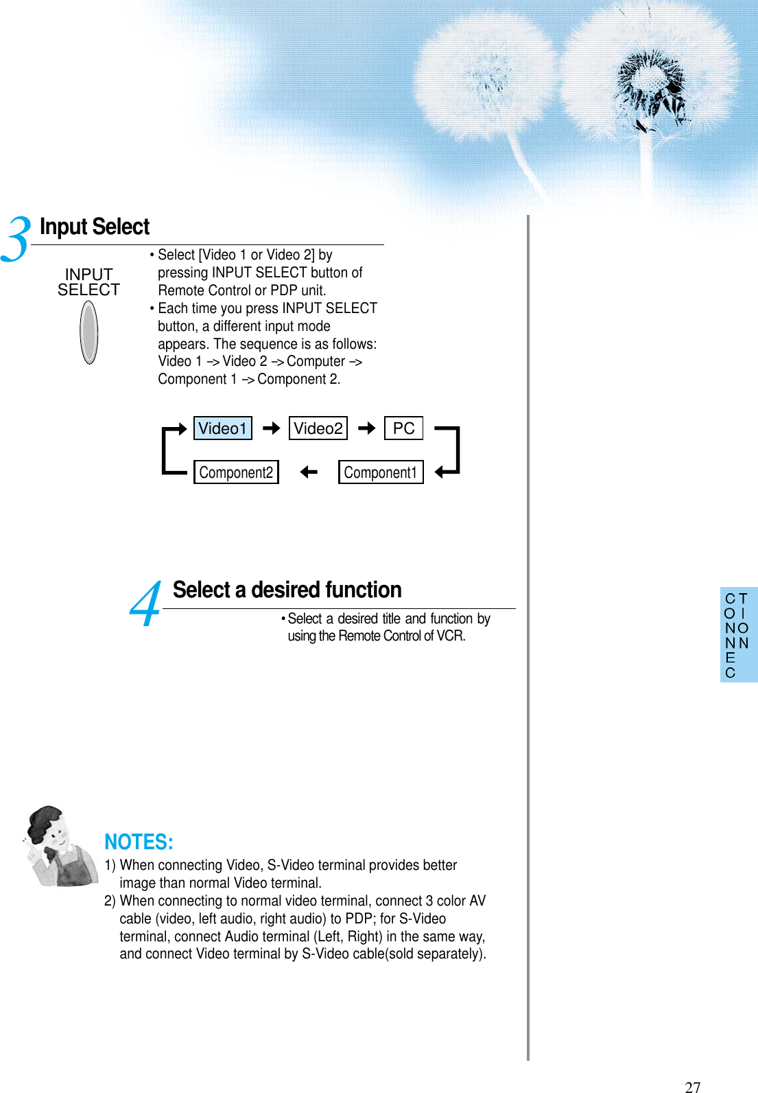 27Input SelectINPUTSELECT• Select [Video 1 or Video 2] bypressing INPUT SELECT button ofRemote Control or PDP unit.• Each time you press INPUT SELECTbutton, a different input modeappears. The sequence is as follows:Video 1 --&gt; Video 2 --&gt;Computer --&gt;Component 1 --&gt; Component 2. Select a desired function• Select a desired title and function byusing the Remote Control of VCR.34NOTES:1) When connecting Video, S-Video terminal provides betterimage than normal Video terminal.2) When connecting to normal video terminal, connect 3 color AVcable (video, left audio, right audio) to PDP; for S-Videoterminal, connect Audio terminal (Left, Right) in the same way,and connect Video terminal by S-Video cable(sold separately).Video1 Video2 PCComponent1Component2