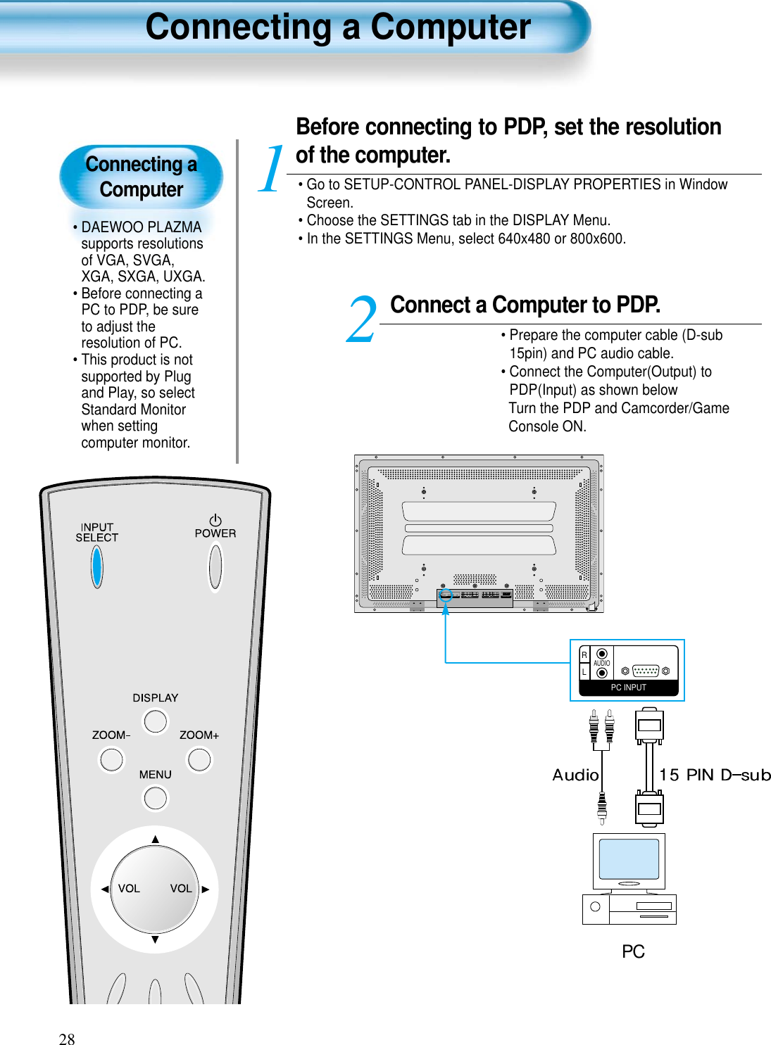 Connecting aComputer• DAEWOO PLAZMAsupports resolutionsof VGA, SVGA,XGA, SXGA, UXGA.• Before connecting aPC to PDP, be sureto adjust theresolution of PC.• This product is notsupported by Plugand Play, so selectStandard Monitorwhen settingcomputer monitor.Connecting a Computer28Connect a Computer to PDP.• Prepare the computer cable (D-sub15pin) and PC audio cable.• Connect the Computer(Output) toPDP(Input) as shown below Turn the PDP and Camcorder/GameConsole ON.2Before connecting to PDP, set the resolutionof the computer.• Go to SETUP-CONTROL PANEL-DISPLAY PROPERTIES in WindowScreen.• Choose the SETTINGS tab in the DISPLAY Menu.• In the SETTINGS Menu, select 640x480 or 800x600.1PC INPUTLRAUDIOPC INPUT UPGRADE PORTDTV/DVD INPUT VIDEO INPUTSPEAKER(8 OHMS)RLLRAUDIOL- AUDIO -R L- AUDIO -RVIDEOS-VIDEOPC