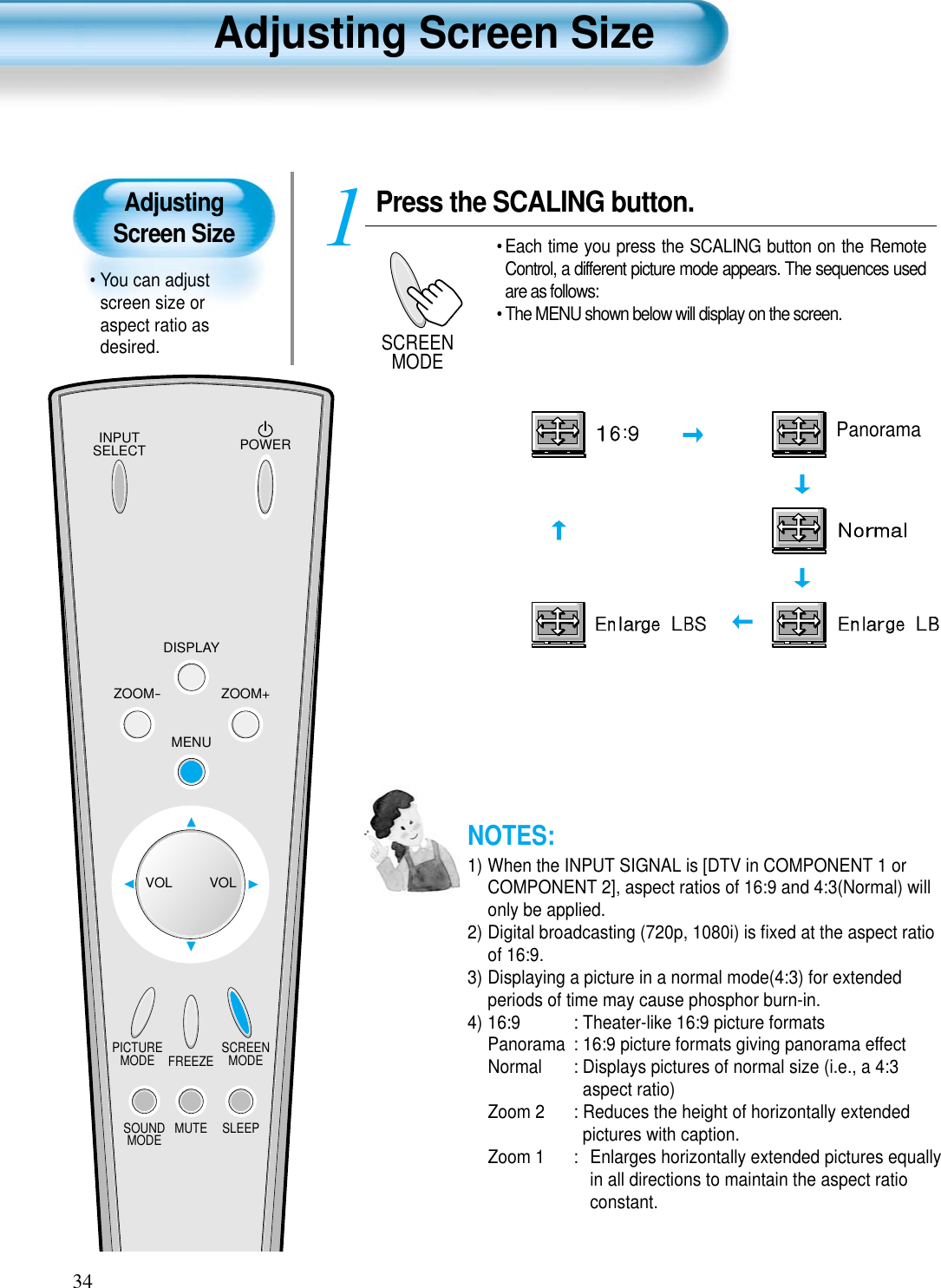 AdjustingScreen Size• You can adjustscreen size oraspect ratio asdesired.Adjusting Screen Size34INPUTSELECT POWERDISPLAYZOOM-PICTUREMODE SCREENMODEFREEZEMUTESOUNDMODE SLEEPZOOM+MENUVOL VOLPress the SCALING button.• Each time you press the SCALING button on the RemoteControl, a different picture mode appears. The sequences usedare as follows:• The MENU shown below will display on the screen.1SCREENMODEPanoramaNOTES:1) When the INPUT SIGNAL is [DTV in COMPONENT 1 orCOMPONENT 2], aspect ratios of 16:9 and 4:3(Normal) willonly be applied.2) Digital broadcasting (720p, 1080i) is ﬁxed at the aspect ratioof 16:9.3) Displaying a picture in a normal mode(4:3) for extendedperiods of time may cause phosphor burn-in.4) 16:9  : Theater-like 16:9 picture formatsPanorama : 16:9 picture formats giving panorama effectNormal  : Displays pictures of normal size (i.e., a 4:3aspect ratio) Zoom 2    : Reduces the height of horizontally extendedpictures with caption.Zoom 1    : Enlarges horizontally extended pictures equallyin all directions to maintain the aspect ratioconstant.