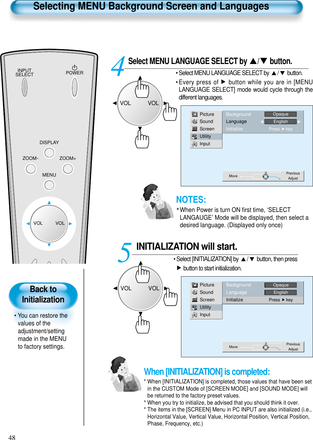 INPUTSELECT POWERDISPLAYZOOM-ZOOM+MENUVOL VOLBack toInitialization• You can restore thevalues of theadjustment/settingmade in the MENUto factory settings.Selecting MENU Background Screen and LanguagesSelect MENU LANGUAGE SELECT by  / button.• Select MENU LANGUAGE SELECT by  / button.• Every press of  button while you are in [MENULANGUAGE SELECT] mode would cycle through thedifferent languages.INITIALIZATION will start.• Select [INITIALIZATION] by  / button, then pressbutton to start initialization.45PictureSoundScreenUtilityInputBackgroundLanguageInitializeOpaqueEnglishPress     keyMove PreviousAdjust48PictureSoundScreenUtilityInputBackgroundLanguageInitializeOpaqueEnglishPress     keyMove PreviousAdjustWhen [INITIALIZATION] is completed: * When [INITIALIZATION] is completed, those values that have been setin the CUSTOM Mode of [SCREEN MODE] and [SOUND MODE] willbe returned to the factory preset values.* When you try to initialize, be advised that you should think it over.* The items in the [SCREEN] Menu in PC INPUT are also initialized (i.e.,Horizontal Value, Vertical Value, Horizontal Position, Vertical Position,Phase, Frequency, etc.)VOLVOLVOLVOLNOTES:When Power is turn ON ﬁrst time, ‘SELECTLANGAUGE’ Mode will be displayed, then select adesired language. (Displayed only once)