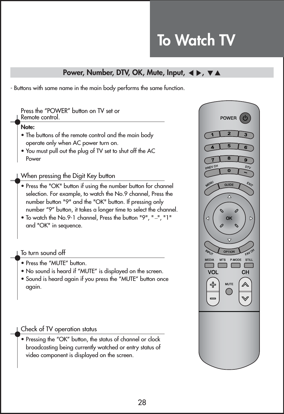 To Watch TV28- Buttons with same name in the main body performs the same function.-When pressing the Digit Key button• Press the &quot;OK&quot; button if using the number button for channelselection. For example, to watch the No.9 channel, Press thenumber button &quot;9&quot; and the &quot;OK&quot; button. If pressing onlynumber “9” button, it takes a longer time to select the channel.• To watch the No.9-1 channel, Press the button &quot;9&quot;, &quot; &quot;, &quot;1&quot;and &quot;OK&quot; in sequence.Press the “POWER” button on TV set orRemote control.Note:• The buttons of the remote control and the main bodyoperate only when AC power turn on.• You must pull out the plug of TV set to shut off the ACPowerTo turn sound off• Press the “MUTE” button.• No sound is heard if “MUTE” is displayed on the screen.• Sound is heard again if you press the “MUTE” button onceagain.Check of TV operation status• Pressing the “OK” button, the status of channel or clockbroadcasting being currently watched or entry status ofvideo component is displayed on the screen.Power, Number, DTV, OK, Mute, Input,  , 