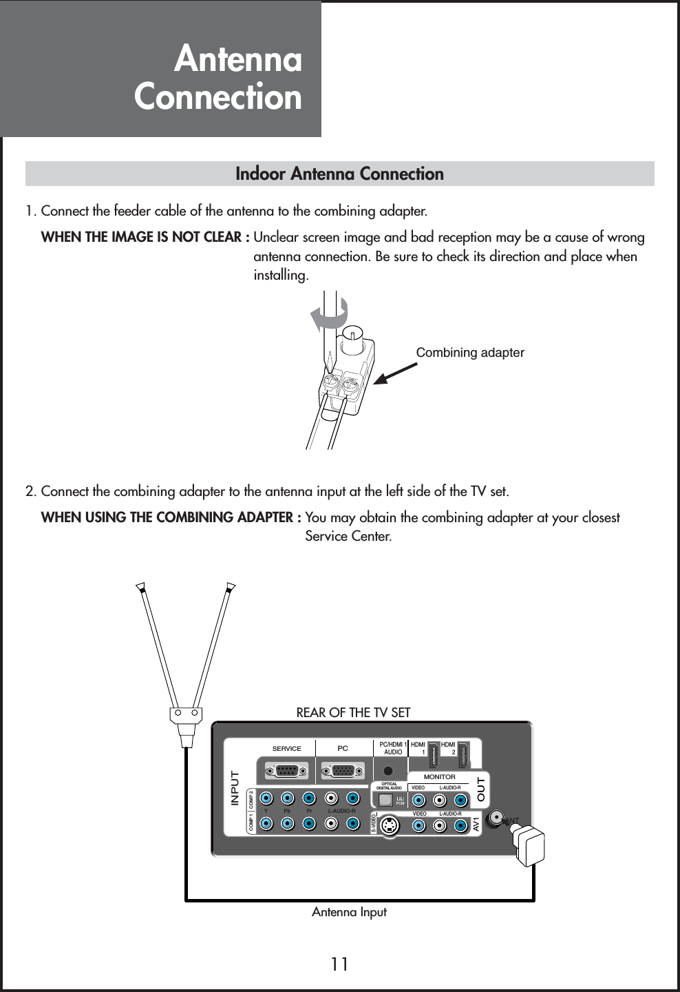 AntennaConnection11Indoor Antenna Connection1. Connect the feeder cable of the antenna to the combining adapter.WHEN THE IMAGE IS NOT CLEAR : Unclear screen image and bad reception may be a cause of wrongantenna connection. Be sure to check its direction and place wheninstalling.2. Connect the combining adapter to the antenna input at the left side of the TV set.WHEN USING THE COMBINING ADAPTER : You may obtain the combining adapter at your closestService Center.Combining adapterVIDEO           L-AUDIO-RMONITORVIDEO L-AUDIO-ROUTAV1ANTHDMI1HDMI2INPUTPCPC/HDMI 1AUDIOY           Pb           Pr           L-AUDIO-RCOMP 1 COMP 2SERVICEOPTICALDIGITAL AUDIOS-VIDEOAntenna InputREAR OF THE TV SET       