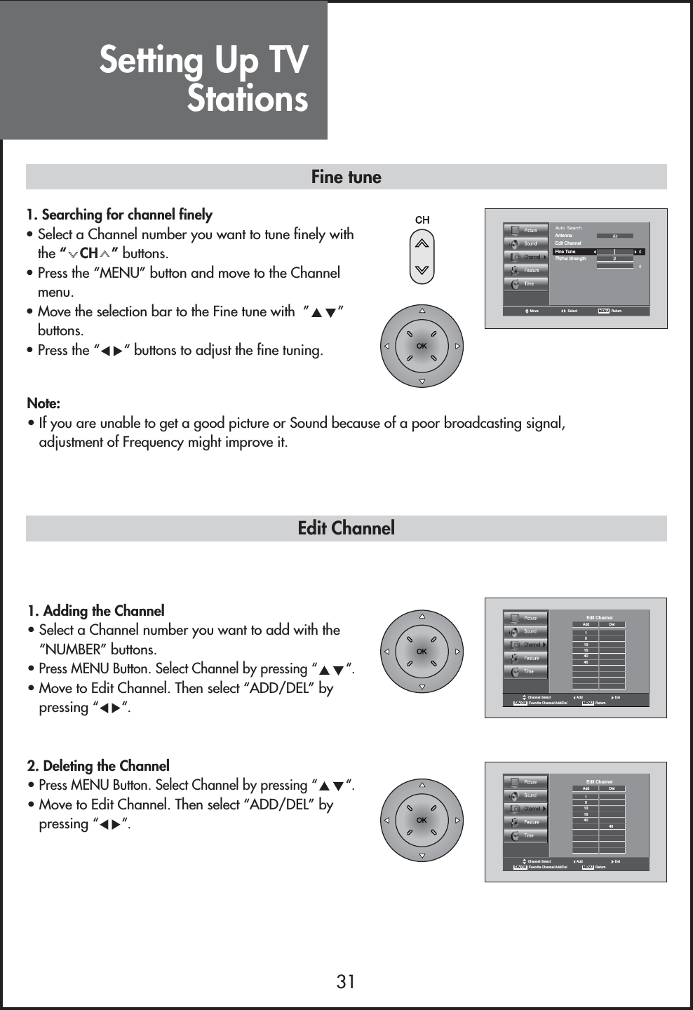 Setting Up TVStations311. Searching for channel finely• Select a Channel number you want to tune finely withthe “CH”buttons.• Press the “MENU” button and move to the Channelmenu.• Move the selection bar to the Fine tune with  ” ”buttons.• Press the “CB“ buttons to adjust the fine tuning.FAV.CH   Favorite Channel Add/DelChannel Select Add DelMENU   ReturnEdit ChannelAddDel1513154045Fine tune Edit ChannelNote:• If you are unable to get a good picture or Sound because of a poor broadcasting signal,adjustment of Frequency might improve it.1. Adding the Channel• Select a Channel number you want to add with the“NUMBER” buttons.•Press MENU Button. Select Channel by pressing “ “.• Move to Edit Channel. Then select “ADD/DEL” bypressing “CB“.2. Deleting the Channel•Press MENU Button. Select Channel by pressing “ “.• Move to Edit Channel. Then select “ADD/DEL” bypressing “CB“.FAV.CH   Favorite Channel Add/DelChannel Select Add DelMENU   ReturnEdit ChannelAddDel1513154045Move Select MENU   ReturnEdit ChannelFine TuneSignal Strength 2Antenna