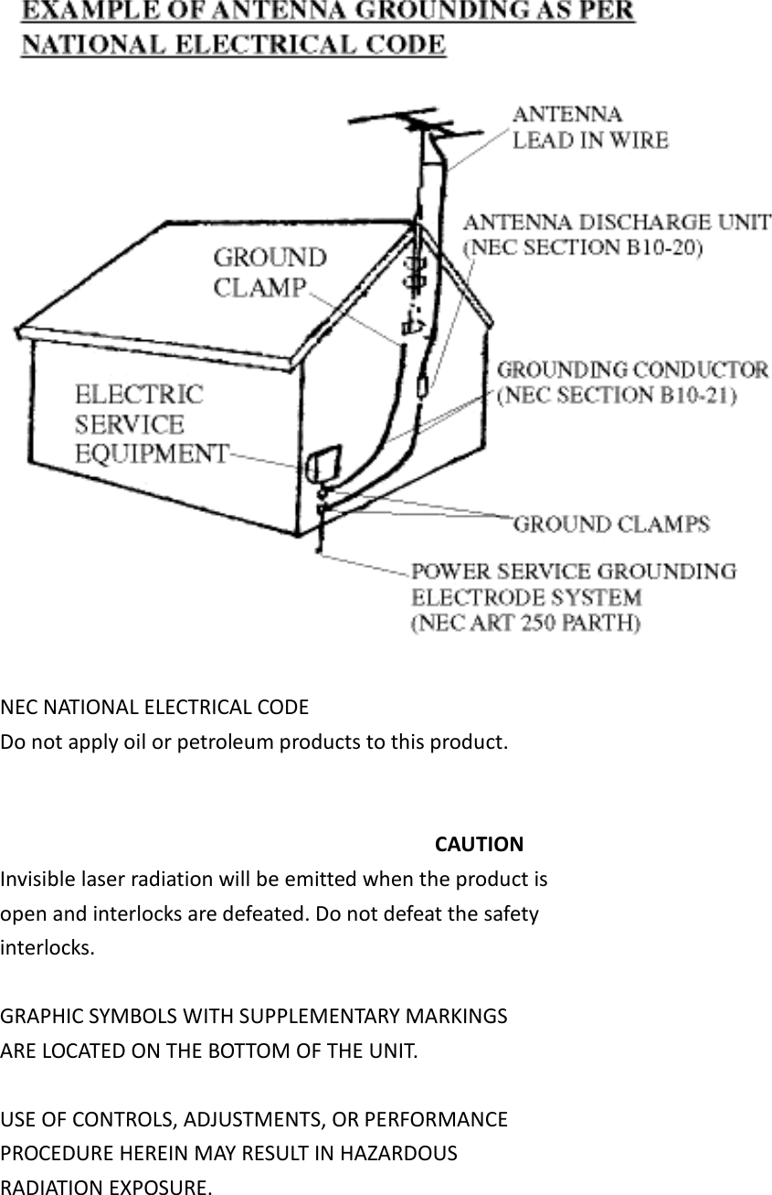   NEC NATIONAL ELECTRICAL CODE Do not apply oil or petroleum products to this product.   CAUTION Invisible laser radiation will be emitted when the product is   open and interlocks are defeated. Do not defeat the safety interlocks.  GRAPHIC SYMBOLS WITH SUPPLEMENTARY MARKINGS ARE LOCATED ON THE BOTTOM OF THE UNIT.  USE OF CONTROLS, ADJUSTMENTS, OR PERFORMANCE PROCEDURE HEREIN MAY RESULT IN HAZARDOUS RADIATION EXPOSURE.        