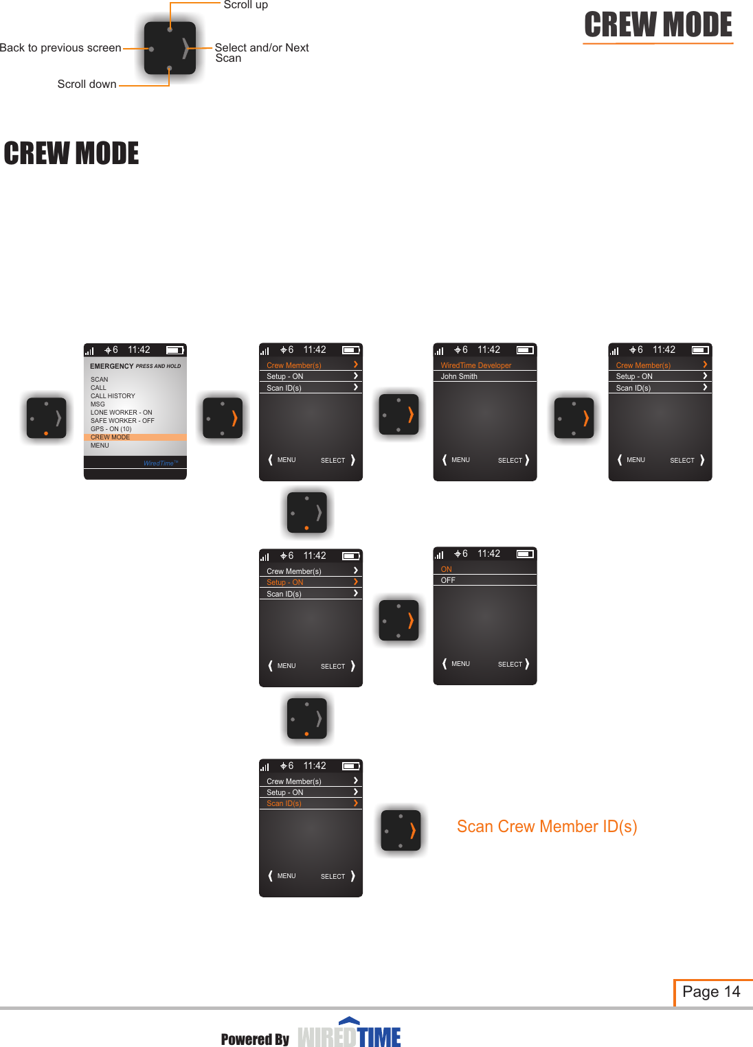 Scan Crew Member ID(s)Crew Member(s)MENU SELECT6 11:42Setup - ONScan ID(s)ONMENU SELECT6 11:42OFFCrew Member(s)MENU SELECT6 11:42Setup - ONScan ID(s)Crew Member(s)MENU SELECT6 11:42Setup - ONScan ID(s)WiredTime DeveloperMENU SELECT6 11:42John SmithCrew Member(s)MENU SELECT6 11:42Setup - ONScan ID(s)CREW MODEPage 14Powered ByCREW MODEScroll downSelect and/or NextBack to previous screenScroll upScan6MSGLONE WORKER - ONCALLSCANSAFE WORKER - OFFGPS - ON (10)CREW MODEMENUCALL HISTORYEMERGENCY PRESS AND HOLD 11:42WiredTimeTM