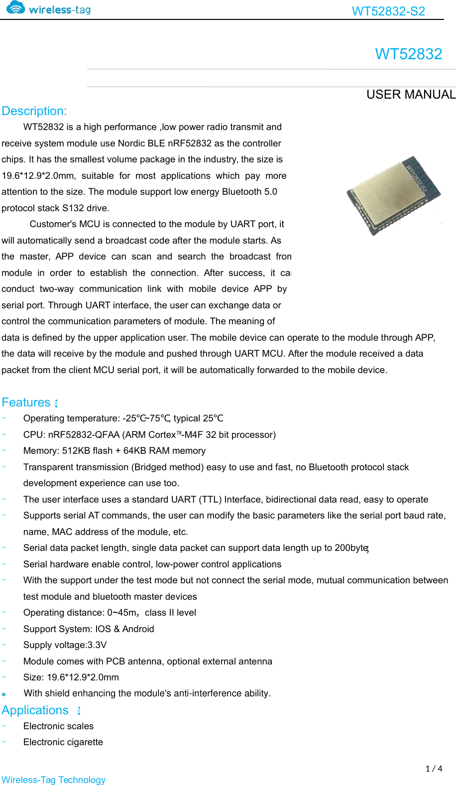 Page 1 of WIRELESS TAG TECHNOLOGY WT52832 Bluetooth Module WT52832 User Manual 