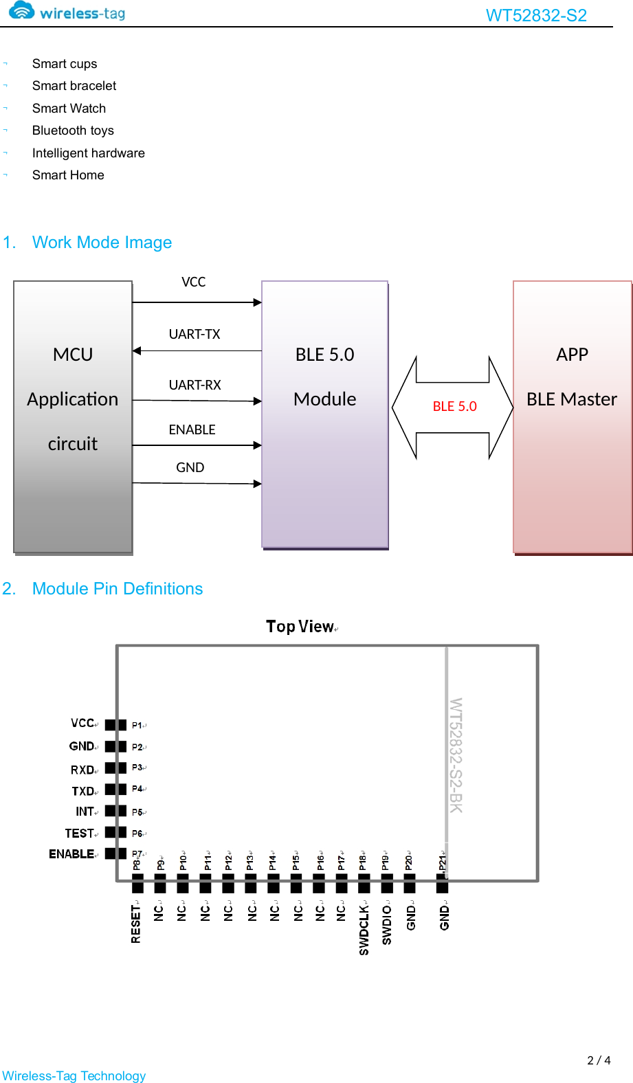 Page 2 of WIRELESS TAG TECHNOLOGY WT52832 Bluetooth Module WT52832 User Manual 