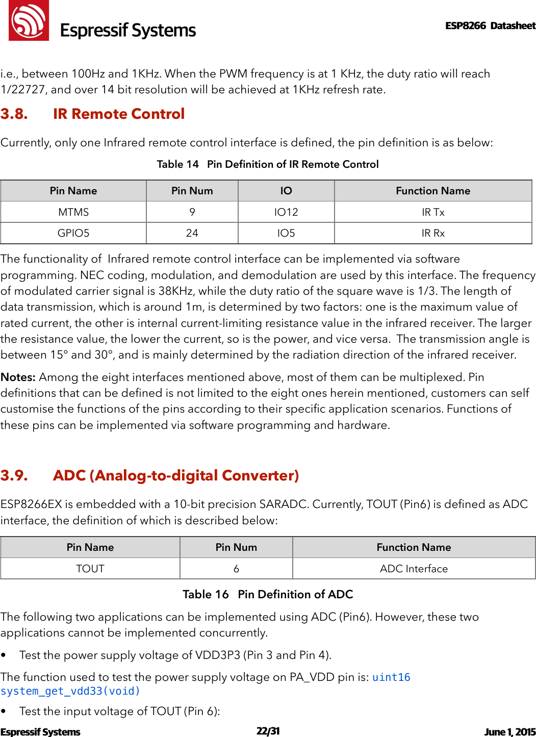 !                                                                                                                                                                                                         !  Espressif SystemsESP8266  Datasheet  i.e., between 100Hz and 1KHz. When the PWM frequency is at 1 KHz, the duty ratio will reach 1/22727, and over 14 bit resolution will be achieved at 1KHz refresh rate. 3.8. IR Remote Control Currently, only one Infrared remote control interface is deﬁned, the pin deﬁnition is as below: Table 14   Pin Deﬁnition of IR Remote Control The functionality of  Infrared remote control interface can be implemented via software programming. NEC coding, modulation, and demodulation are used by this interface. The frequency of modulated carrier signal is 38KHz, while the duty ratio of the square wave is 1/3. The length of data transmission, which is around 1m, is determined by two factors: one is the maximum value of rated current, the other is internal current-limiting resistance value in the infrared receiver. The larger the resistance value, the lower the current, so is the power, and vice versa.  The transmission angle is between 15° and 30°, and is mainly determined by the radiation direction of the infrared receiver. Notes: Among the eight interfaces mentioned above, most of them can be multiplexed. Pin deﬁnitions that can be deﬁned is not limited to the eight ones herein mentioned, customers can self customise the functions of the pins according to their speciﬁc application scenarios. Functions of these pins can be implemented via software programming and hardware.  3.9. ADC (Analog-to-digital Converter) ESP8266EX is embedded with a 10-bit precision SARADC. Currently, TOUT (Pin6) is deﬁned as ADC interface, the deﬁnition of which is described below: Table 16   Pin Deﬁnition of ADC The following two applications can be implemented using ADC (Pin6). However, these two applications cannot be implemented concurrently. • Test the power supply voltage of VDD3P3 (Pin 3 and Pin 4).  The function used to test the power supply voltage on PA_VDD pin is: uint16 system_get_vdd33(void) • Test the input voltage of TOUT (Pin 6): Pin NamePin NumIOFunction NameMTMS9IO12IR TxGPIO524IO5IR RxPin NamePin NumFunction NameTOUT6ADC InterfaceEspressif Systems  /   June 1, 2015                                                                             22 31                                                                                           