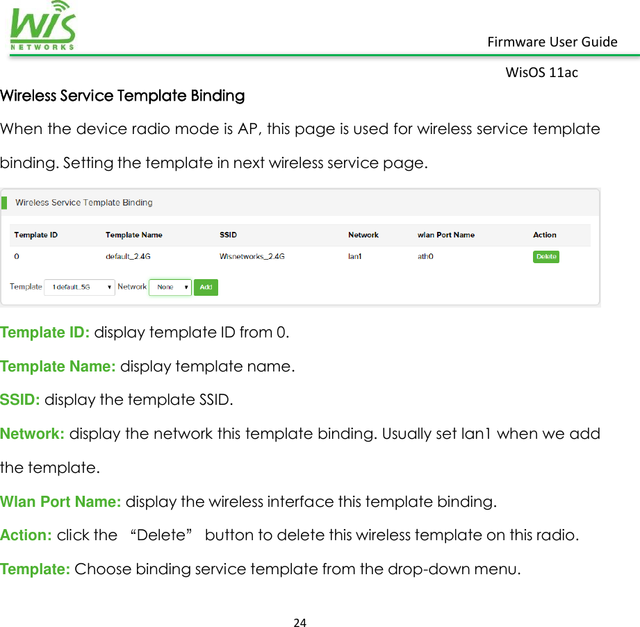    24  Firmware User Guide WisOS 11ac   Wireless Service Template Binding When the device radio mode is AP, this page is used for wireless service template binding. Setting the template in next wireless service page.  Template ID: display template ID from 0. Template Name: display template name. SSID: display the template SSID. Network: display the network this template binding. Usually set lan1 when we add the template. Wlan Port Name: display the wireless interface this template binding. Action: click the “Delete” button to delete this wireless template on this radio. Template: Choose binding service template from the drop-down menu. 