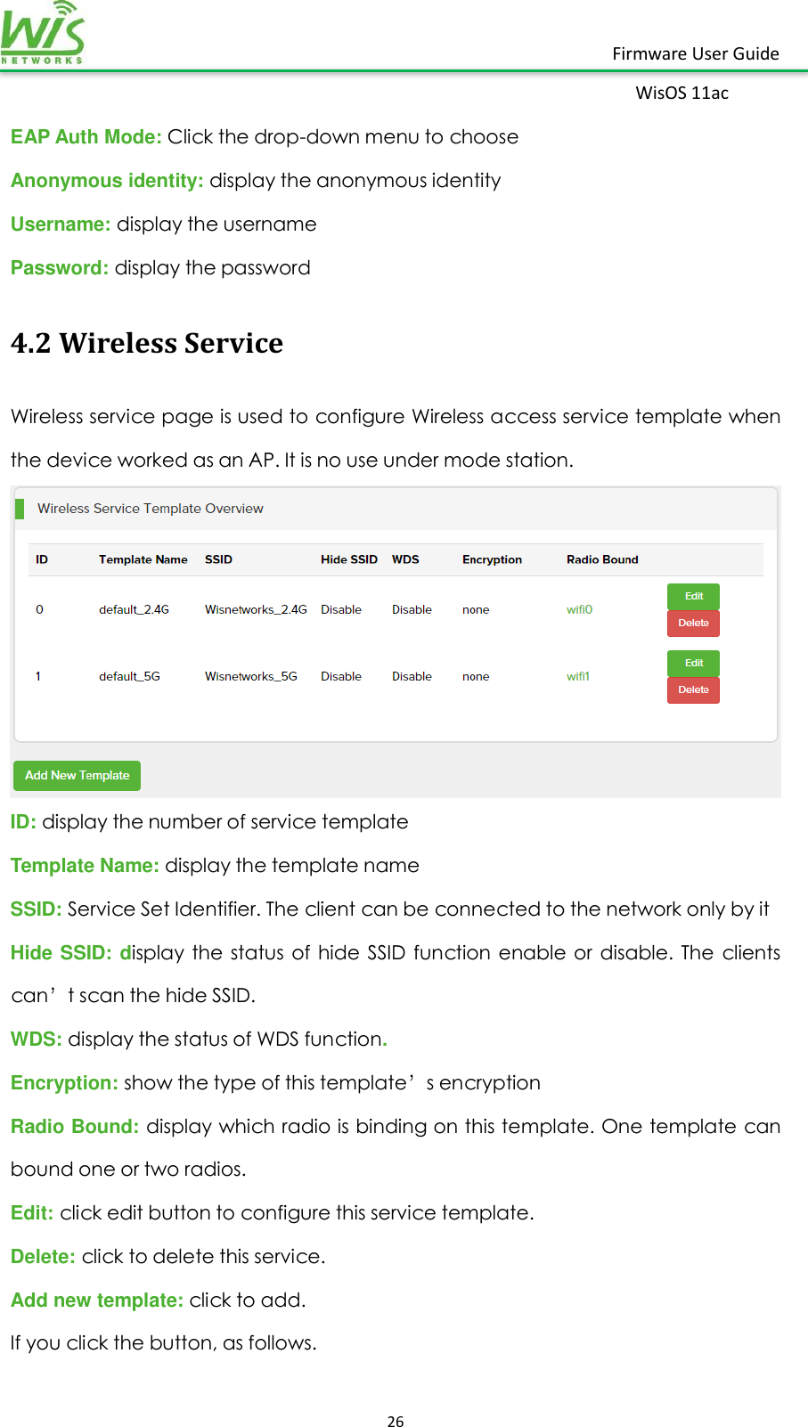    26  Firmware User Guide WisOS 11ac   EAP Auth Mode: Click the drop-down menu to choose Anonymous identity: display the anonymous identity Username: display the username Password: display the password 4.2 Wireless Service Wireless service page is used to configure Wireless access service template when the device worked as an AP. It is no use under mode station.  ID: display the number of service template Template Name: display the template name SSID: Service Set Identifier. The client can be connected to the network only by it Hide SSID: display  the  status  of  hide SSID  function  enable  or  disable.  The  clients can’t scan the hide SSID. WDS: display the status of WDS function. Encryption: show the type of this template’s encryption   Radio Bound: display which radio is binding on this template. One template can bound one or two radios. Edit: click edit button to configure this service template.   Delete: click to delete this service. Add new template: click to add. If you click the button, as follows. 