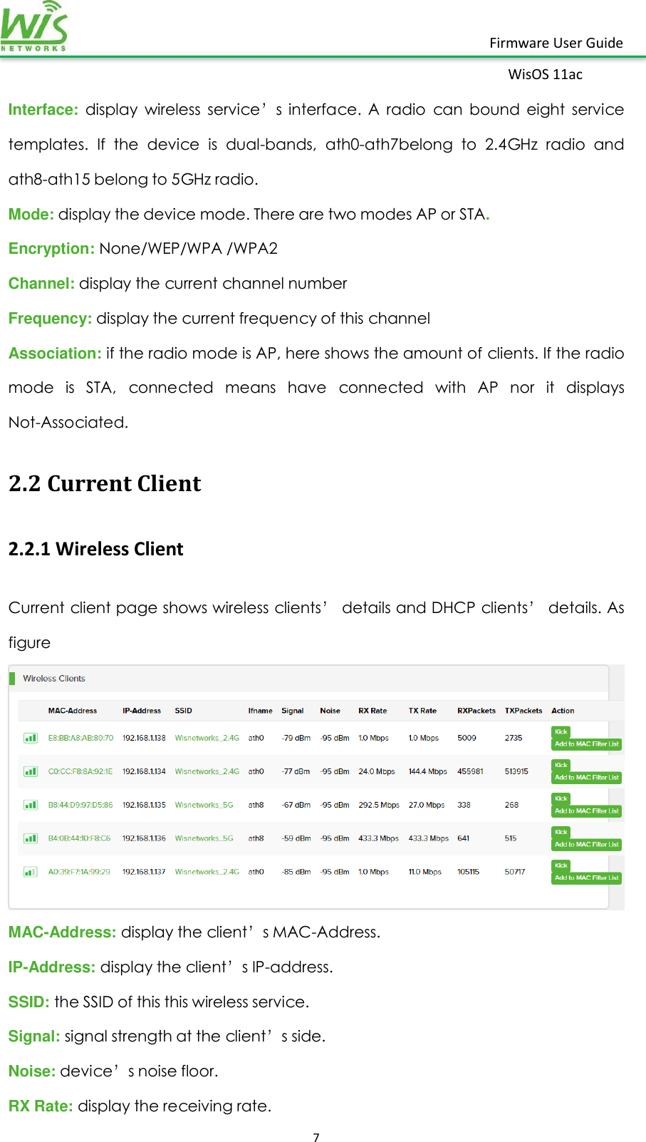    7  Firmware User Guide WisOS 11ac   Interface: display  wireless  service’s  interface.  A  radio  can  bound  eight  service templates.  If  the  device  is  dual-bands,  ath0-ath7belong  to  2.4GHz  radio  and ath8-ath15 belong to 5GHz radio. Mode: display the device mode. There are two modes AP or STA. Encryption: None/WEP/WPA /WPA2 Channel: display the current channel number Frequency: display the current frequency of this channel Association: if the radio mode is AP, here shows the amount of clients. If the radio mode  is  STA,  connected  means  have  connected  with  AP  nor  it  displays Not-Associated. 2.2 Current Client 2.2.1 Wireless Client Current client page shows wireless clients’ details and DHCP clients’ details. As figure    MAC-Address: display the client’s MAC-Address. IP-Address: display the client’s IP-address. SSID: the SSID of this this wireless service. Signal: signal strength at the client’s side. Noise: device’s noise floor. RX Rate: display the receiving rate. 