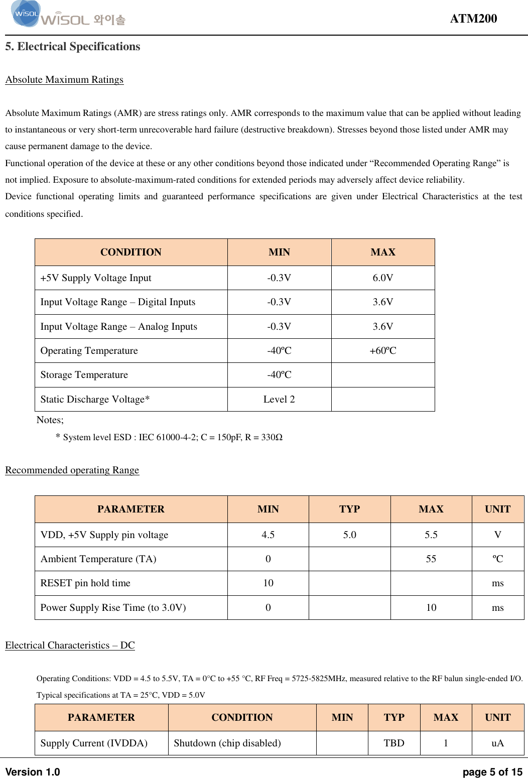                                                                                                                                ATM200  Version 1.0  page 5 of 15    5. Electrical Specifications  Absolute Maximum Ratings  Absolute Maximum Ratings (AMR) are stress ratings only. AMR corresponds to the maximum value that can be applied without leading to instantaneous or very short-term unrecoverable hard failure (destructive breakdown). Stresses beyond those listed under AMR may cause permanent damage to the device.  Functional operation of the device at these or any other conditions beyond those indicated under “Recommended Operating Range” is not implied. Exposure to absolute-maximum-rated conditions for extended periods may adversely affect device reliability.  Device  functional  operating  limits  and  guaranteed  performance  specifications  are  given  under  Electrical  Characteristics  at  the  test conditions specified.  CONDITION MIN MAX +5V Supply Voltage Input  -0.3V 6.0V Input Voltage Range – Digital Inputs  -0.3V 3.6V Input Voltage Range – Analog Inputs  -0.3V 3.6V Operating Temperature  -40ºC  +60ºC  Storage Temperature  -40ºC  Static Discharge Voltage* Level 2  Notes; * System level ESD : IEC 61000-4-2; C = 150pF, R = 330Ω  Recommended operating Range  PARAMETER MIN TYP MAX UNIT VDD, +5V Supply pin voltage  4.5 5.0 5.5 V Ambient Temperature (TA)  0  55 ºC  RESET pin hold time  10   ms Power Supply Rise Time (to 3.0V)  0  10 ms  Electrical Characteristics – DC   Operating Conditions: VDD = 4.5 to 5.5V, TA = 0°C to +55 °C, RF Freq = 5725‐5825MHz, measured relative to the RF balun single‐ended I/O. Typical specifications at TA = 25°C, VDD = 5.0V PARAMETER CONDITION MIN TYP MAX UNIT Supply Current (IVDDA)  Shutdown (chip disabled)   TBD 1 uA 