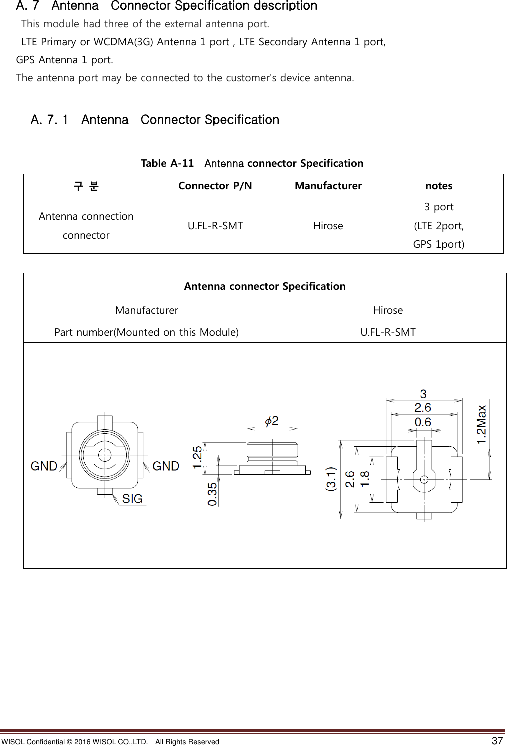 WISOL Confidential ©  2016 WISOL CO.,LTD.    All Rights Reserved    37  A. 7    Antenna    Connector Specification description  This module had three of the external antenna port.   LTE Primary or WCDMA(3G) Antenna 1 port , LTE Secondary Antenna 1 port,   GPS Antenna 1 port. The antenna port may be connected to the customer&apos;s device antenna.  A. 7. 1    Antenna    Connector Specification  Table A-11  Antenna connector Specification 구 분 Connector P/N Manufacturer notes Antenna connection   connector U.FL-R-SMT Hirose 3 port (LTE 2port, GPS 1port)  Antenna connector Specification Manufacturer Hirose Part number(Mounted on this Module) U.FL-R-SMT           