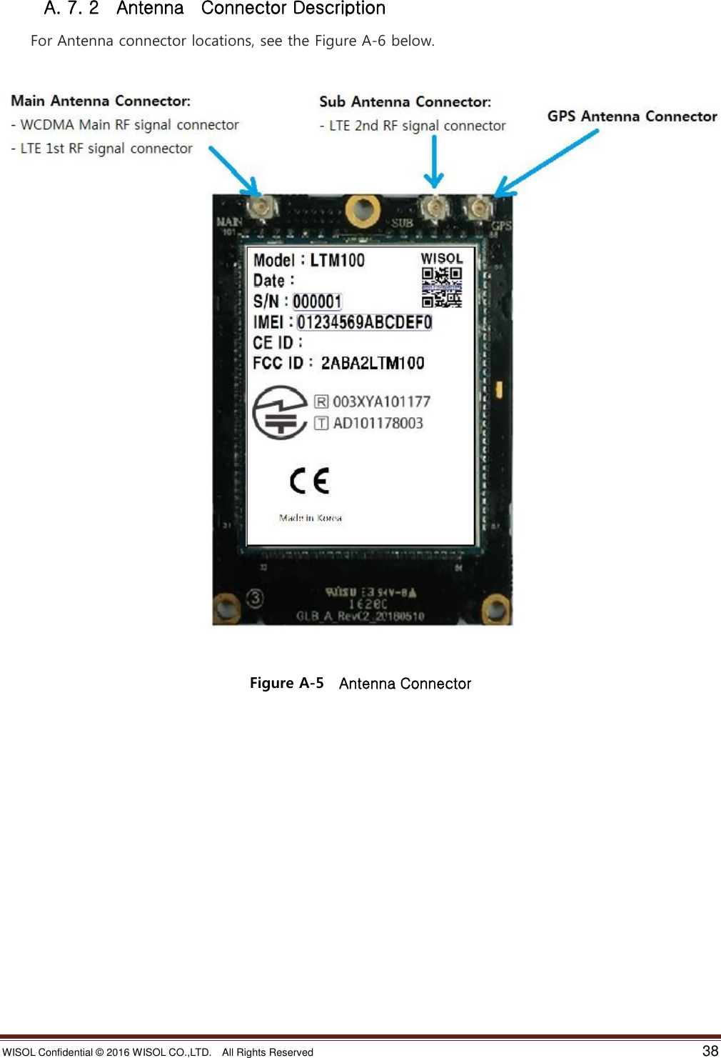 WISOL Confidential ©  2016 WISOL CO.,LTD.    All Rights Reserved    38  A. 7. 2    Antenna    Connector Description  For Antenna connector locations, see the Figure A-6 below.      Figure A-5    Antenna Connector           