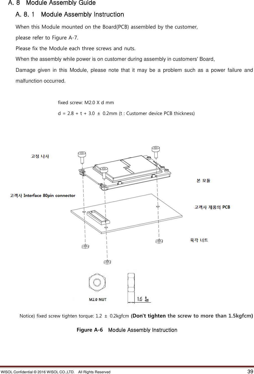 WISOL Confidential ©  2016 WISOL CO.,LTD.    All Rights Reserved    39  A. 8    Module Assembly Guide A. 8. 1    Module Assembly Instruction When this Module mounted on the Board(PCB) assembled by the customer,   please refer to Figure A-7. Please fix the Module each three screws and nuts. When the assembly while power is on customer during assembly in customers&apos; Board, Damage  given  in  this  Module,  please  note  that  it  may  be  a  problem  such  as  a  power  failure  and malfunction occurred.                                      fixed screw: M2.0 X d mm                                     d = 2.8 + t + 3.0  ±  0.2mm (t : Customer device PCB thickness)                   Notice) fixed screw tighten torque: 1.2  ±  0.2kgfcm (Don&apos;t tighten the screw to more than 1.5kgfcm) Figure A-6    Module Assembly Instruction   