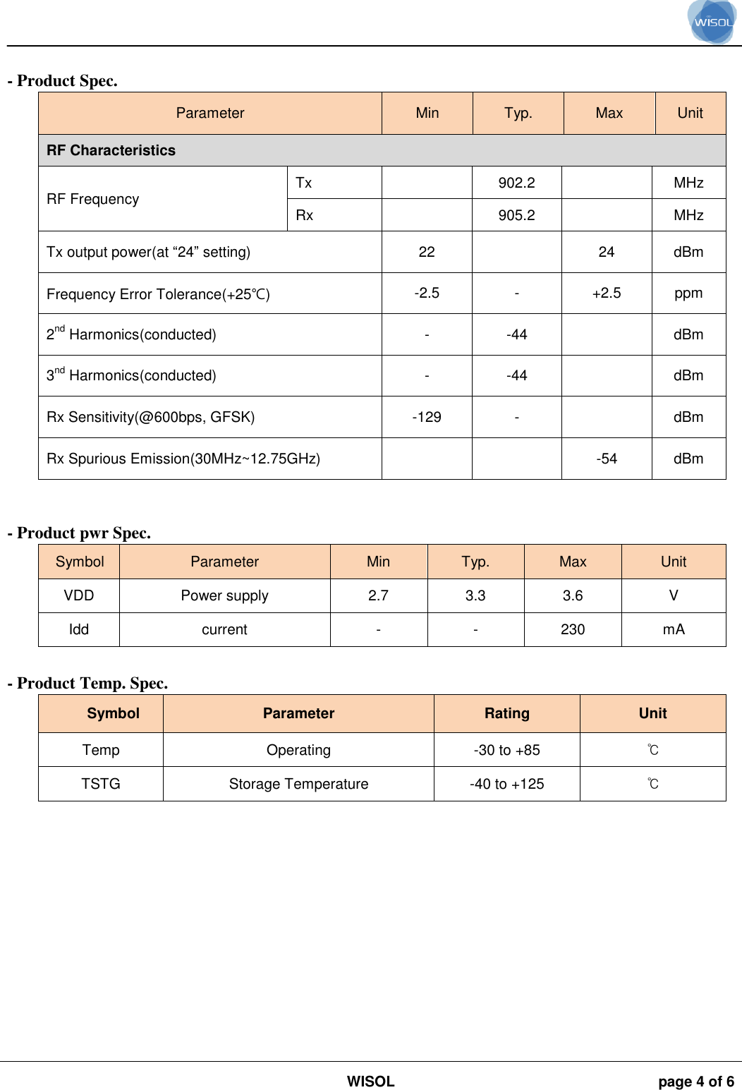 WISOL page 4 of 6 - Product Spec. Parameter Min Typ. Max Unit RF Characteristics RF Frequency Tx 902.2 MHz Rx 905.2 MHz Tx output power(at “24” setting) 22 24 dBm Frequency Error Tolerance(+25℃) -2.5 - +2.5 ppm 2nd Harmonics(conducted)- -44 dBm 3nd Harmonics(conducted)- -44 dBm Rx Sensitivity(@600bps, GFSK) -129 - dBm Rx Spurious Emission(30MHz~12.75GHz) -54 dBm - Product pwr Spec. Symbol Parameter Min Typ. Max Unit VDD Power supply 2.7 3.3 3.6 V Idd current - - 230 mA - Product Temp. Spec.       Symbol Parameter Rating Unit Temp Operating -30 to +85 ℃ TSTG Storage Temperature -40 to +125 ℃ 