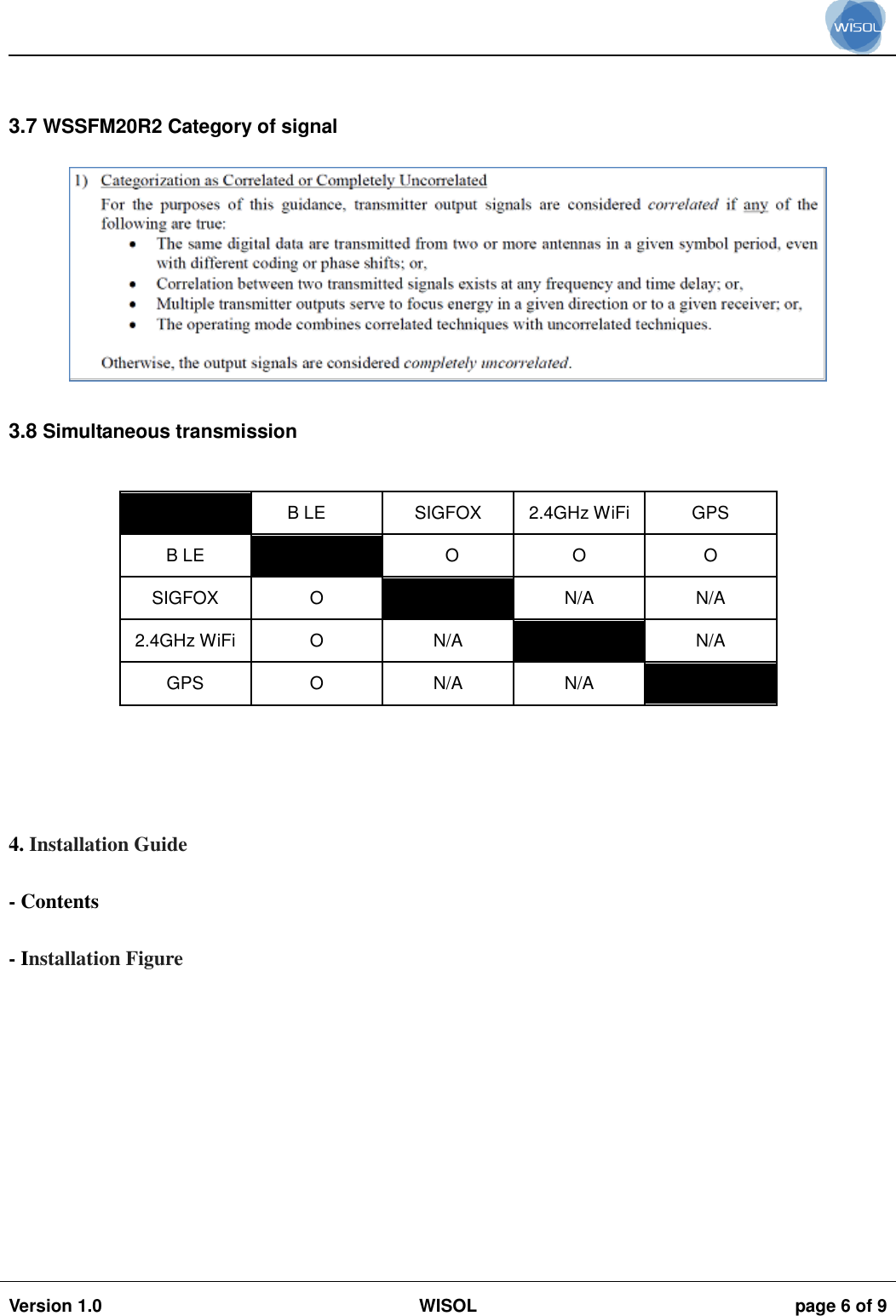                                                                                                                                                                                           Version 1.0 WISOL  page 6 of 9      3.7 WSSFM20R2 Category of signal   3.8 Simultaneous transmission   B LE SIGFOX 2.4GHz WiFi GPS B LE  O O O SIGFOX O  N/A N/A 2.4GHz WiFi O N/A  N/A GPS O N/A N/A       4. Installation Guide  - Contents  - Installation Figure           