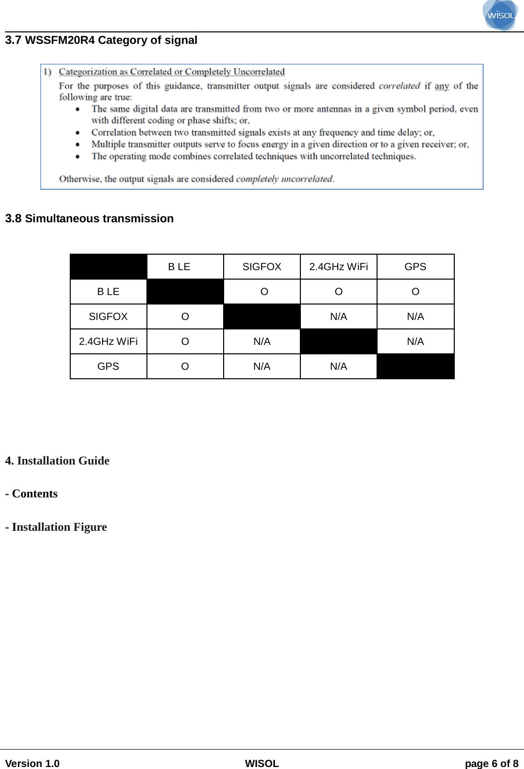 Version 1.0 WISOL page 6 of 8 3.7 WSSFM20R4 Category of signal 3.8 Simultaneous transmission B LE SIGFOX 2.4GHz WiFi GPS B LE  O  O  O SIGFOX  O  N/A N/A 2.4GHz WiFi  O  N/A N/A GPS  O  N/A N/A 4. Installation Guide- Contents - Installation Figure 