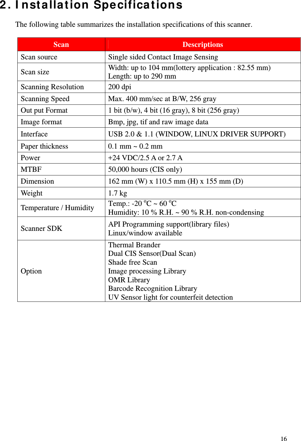   16 2. Installation Specifications  The following table summarizes the installation specifications of this scanner.  Scan  Descriptions Scan source  Single sided Contact Image Sensing Scan size  Width: up to 104 mm(lottery application : 82.55 mm) Length: up to 290 mm Scanning Resolution  200 dpi Scanning Speed  Max. 400 mm/sec at B/W, 256 gray Out put Format  1 bit (b/w), 4 bit (16 gray), 8 bit (256 gray) Image format  Bmp, jpg, tif and raw image data Interface  USB 2.0 &amp; 1.1 (WINDOW, LINUX DRIVER SUPPORT) Paper thickness  0.1 mm ~ 0.2 mm Power  +24 VDC/2.5 A or 2.7 A MTBF  50,000 hours (CIS only) Dimension  162 mm (W) x 110.5 mm (H) x 155 mm (D) Weight 1.7 kg Temperature / Humidity  Temp.: -20 oC ~ 60 oC Humidity: 10 % R.H. ~ 90 % R.H. non-condensing Scanner SDK  API Programming support(library files) Linux/window available Option Thermal Brander Dual CIS Sensor(Dual Scan) Shade free Scan Image processing Library OMR Library Barcode Recognition Library UV Sensor light for counterfeit detection           