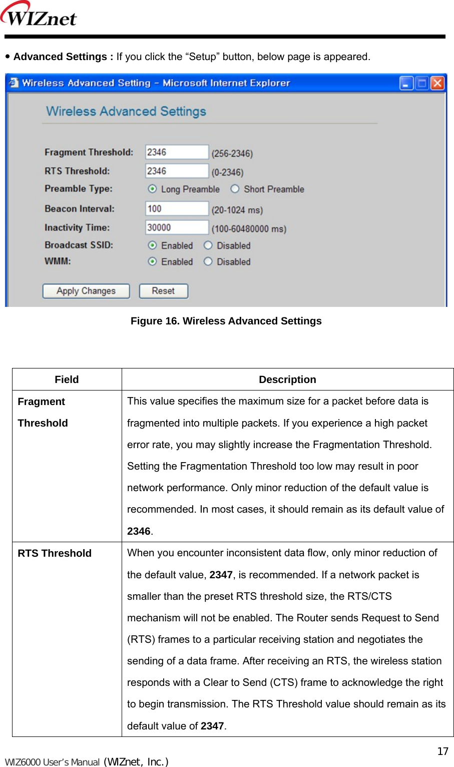   WIZ6000 User’s Manual (WIZnet, Inc.)  17 Advanced Settings : If you click the “Setup” button, below page is appeared.  Figure 16. Wireless Advanced Settings   Field Description Fragment Threshold This value specifies the maximum size for a packet before data is fragmented into multiple packets. If you experience a high packet error rate, you may slightly increase the Fragmentation Threshold. Setting the Fragmentation Threshold too low may result in poor network performance. Only minor reduction of the default value is recommended. In most cases, it should remain as its default value of 2346. RTS Threshold  When you encounter inconsistent data flow, only minor reduction of the default value, 2347, is recommended. If a network packet is smaller than the preset RTS threshold size, the RTS/CTS mechanism will not be enabled. The Router sends Request to Send (RTS) frames to a particular receiving station and negotiates the sending of a data frame. After receiving an RTS, the wireless station responds with a Clear to Send (CTS) frame to acknowledge the right to begin transmission. The RTS Threshold value should remain as its default value of 2347. 