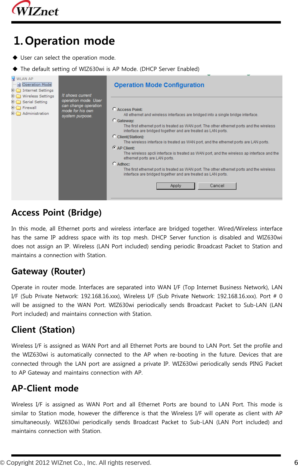           © Copyright 2012 WIZnet Co., Inc. All rights reserved.    6  1. Operation mode  User can select the operation mode.  The default setting of WIZ630wi is AP Mode. (DHCP Server Enabled)  Access Point (Bridge)   In this mode, all Ethernet  ports and wireless interface  are  bridged  together. Wired/Wireless interface has the same IP address space with its top mesh. DHCP Server function is disabled and WIZ630wi does not assign an IP. Wireless (LAN Port included) sending periodic Broadcast Packet to Station and maintains a connection with Station. Gateway (Router) Operate in router mode. Interfaces are separated into WAN I/F (Top Internet Business Network), LAN I/F (Sub Private Network: 192.168.16.xxx), Wireless I/F (Sub  Private Network: 192.168.16.xxx). Port # 0 will  be  assigned  to  the  WAN  Port.  WIZ630wi  periodically  sends  Broadcast  Packet  to  Sub-LAN  (LAN Port included) and maintains connection with Station. Client (Station) Wireless I/F is assigned as WAN Port and all Ethernet Ports are bound to LAN Port. Set the profile and the  WIZ630wi  is automatically connected  to  the  AP  when re-booting in  the  future.  Devices  that are connected through the LAN port are assigned a private IP. WIZ630wi periodically sends PING Packet to AP Gateway and maintains connection with AP. AP-Client mode Wireless I/F is assigned as WAN Port and all Ethernet Ports are bound to LAN Port. This mode is similar to Station mode, however the difference is that the Wireless I/F will operate as client with AP simultaneously.  WIZ630wi  periodically  sends  Broadcast  Packet  to Sub-LAN (LAN Port included) and maintains connection with Station. 