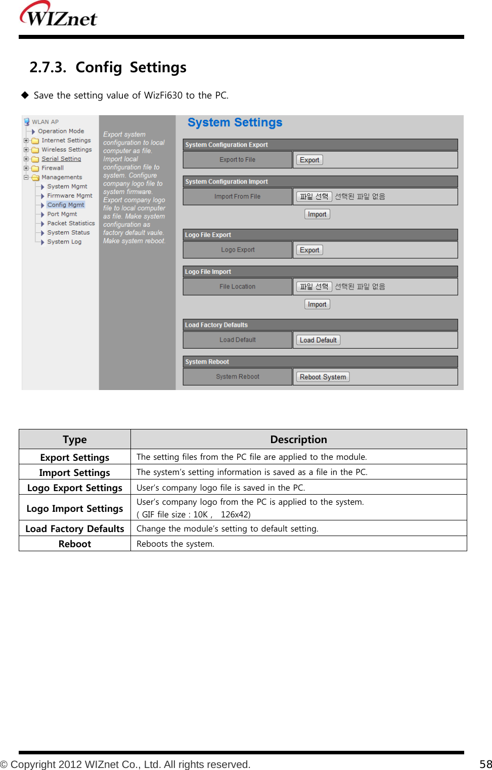           © Copyright 2012 WIZnet Co., Ltd. All rights reserved.    58  2.7.3. Config  Settings  Save the setting value of WizFi630 to the PC.    Type    Description Export Settings  The setting files from the PC file are applied to the module. Import Settings  The system’s setting information is saved as a file in the PC. Logo Export Settings User’s company logo file is saved in the PC. Logo Import Settings User’s company logo from the PC is applied to the system. ( GIF file size : 10K ,    126x42) Load Factory Defaults  Change the module’s setting to default setting. Reboot  Reboots the system.    