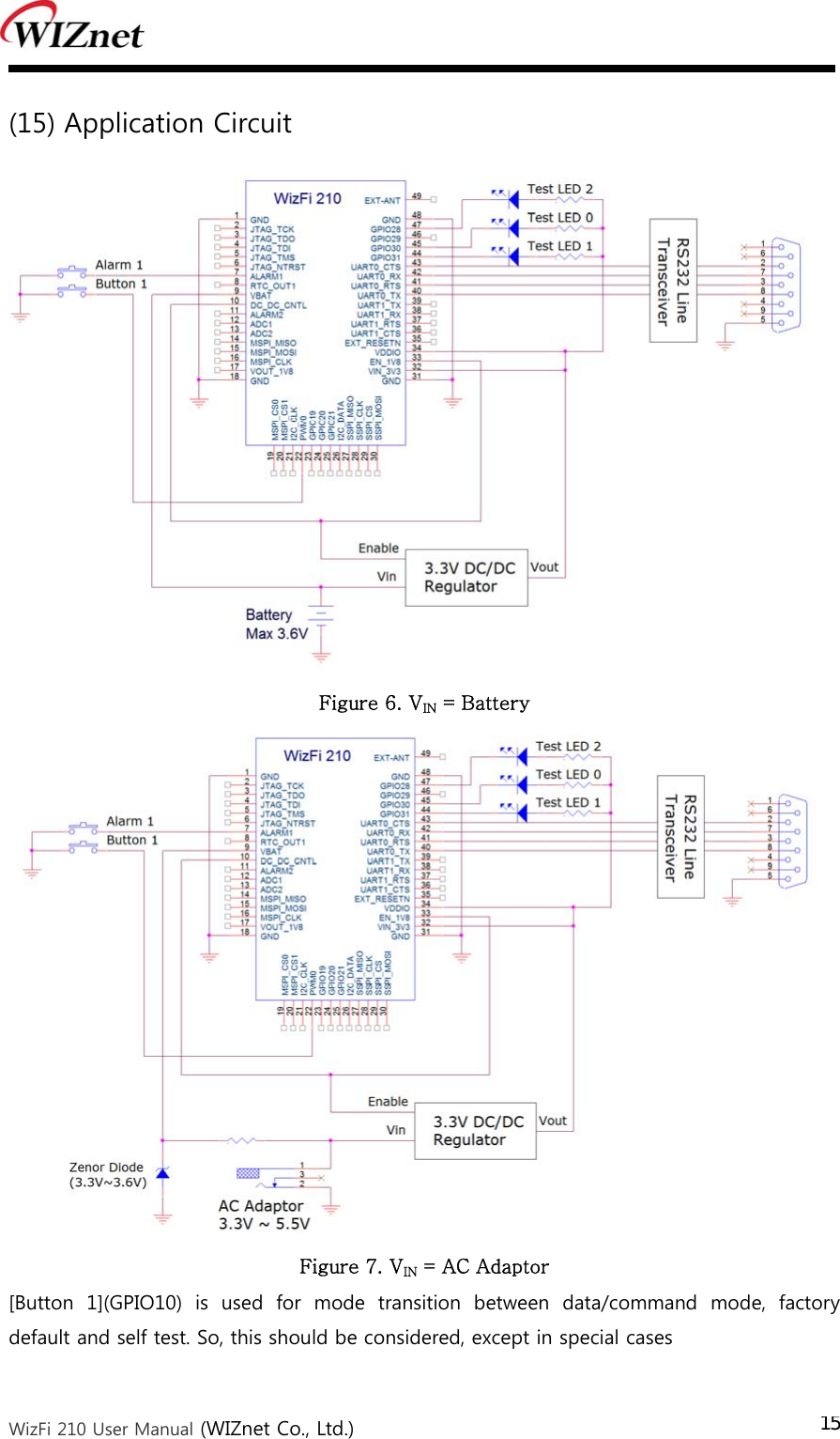  WizFi 210 User Manual (WIZnet Co., Ltd.) 15(15) Application Circuit    Figure 6. VIN = Battery  Figure 7. VIN = AC Adaptor [Button  1](GPIO10)  is  used  for  mode  transition  between  data/command mode, factory default and self test. So, this should be considered, except in special cases 