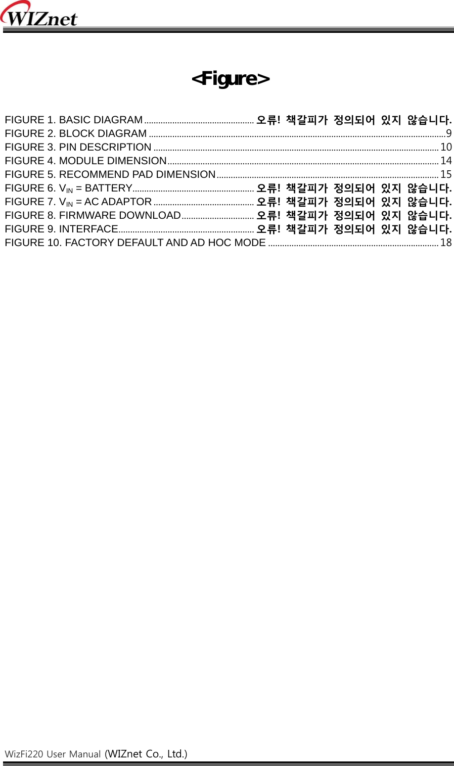    WizFi220 User Manual (WIZnet Co., Ltd.)     &lt;Figure&gt;  FIGURE 1. BASIC DIAGRAM ............................................... 오류!  책갈피가  정의되어  있지  않습니다. FIGURE 2. BLOCK DIAGRAM ............................................................................................................................... 9 FIGURE 3. PIN DESCRIPTION .......................................................................................................................... 10 FIGURE 4. MODULE DIMENSION .................................................................................................................... 14 FIGURE 5. RECOMMEND PAD DIMENSION ............................................................................................... 15 FIGURE 6. VIN = BATTERY.................................................... 오류!  책갈피가  정의되어 있지 않습니다. FIGURE 7. VIN = AC ADAPTOR ........................................... 오류!  책갈피가  정의되어  있지  않습니다. FIGURE 8. FIRMWARE DOWNLOAD ............................... 오류!  책갈피가  정의되어  있지  않습니다. FIGURE 9. INTERFACE .......................................................... 오류!  책갈피가  정의되어 있지 않습니다. FIGURE 10. FACTORY DEFAULT AND AD HOC MODE ......................................................................... 18    