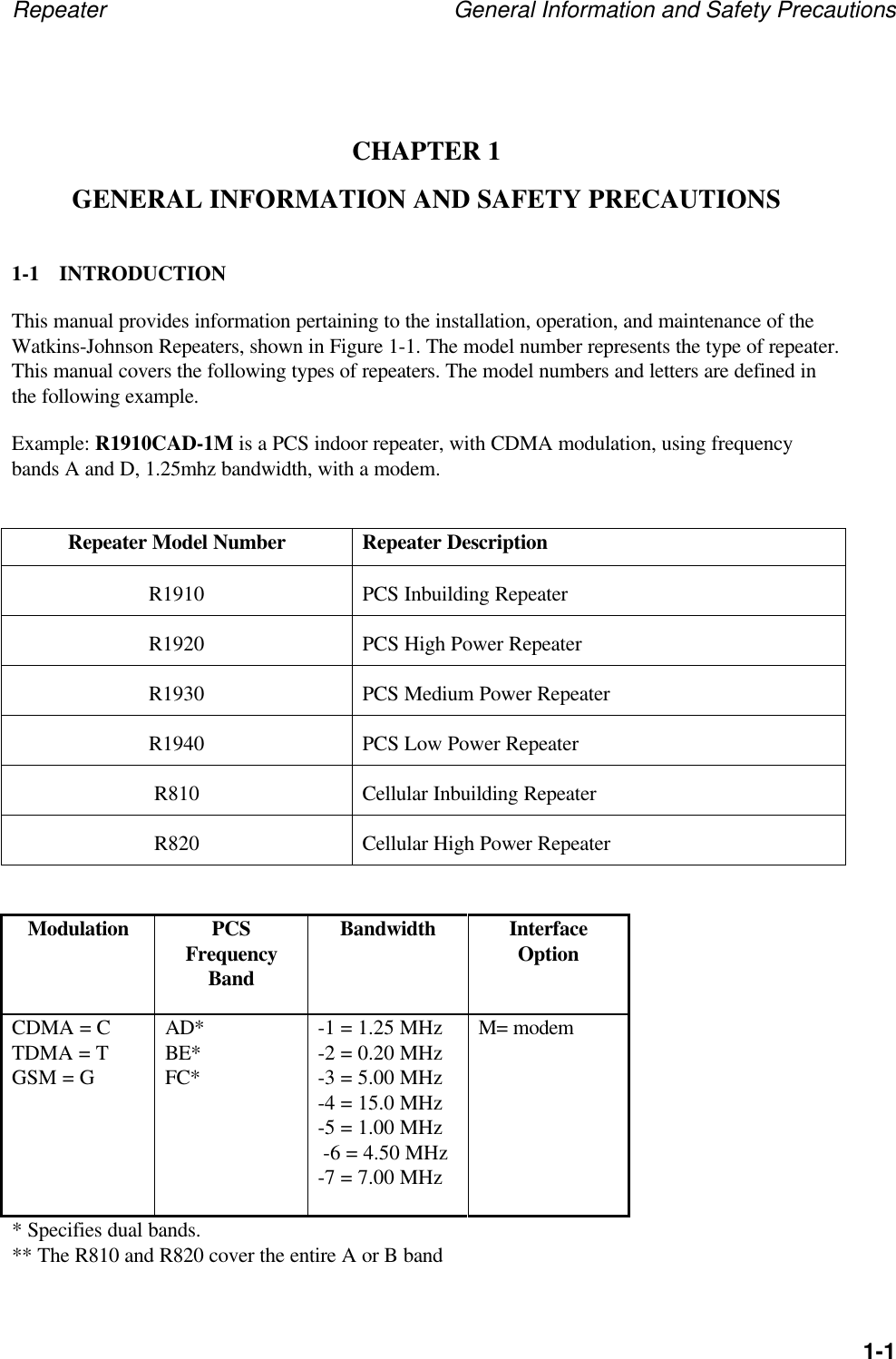 Repeater General Information and Safety Precautions1-1CHAPTER 1GENERAL INFORMATION AND SAFETY PRECAUTIONS1-1 INTRODUCTIONThis manual provides information pertaining to the installation, operation, and maintenance of theWatkins-Johnson Repeaters, shown in Figure 1-1. The model number represents the type of repeater.This manual covers the following types of repeaters. The model numbers and letters are defined inthe following example.Example: R1910CAD-1M is a PCS indoor repeater, with CDMA modulation, using frequencybands A and D, 1.25mhz bandwidth, with a modem.Repeater Model Number Repeater DescriptionR1910 PCS Inbuilding RepeaterR1920 PCS High Power RepeaterR1930 PCS Medium Power RepeaterR1940 PCS Low Power RepeaterR810 Cellular Inbuilding RepeaterR820 Cellular High Power RepeaterModulation PCSFrequencyBandBandwidth InterfaceOptionCDMA = CTDMA = TGSM = GAD*BE*FC*-1 = 1.25 MHz-2 = 0.20 MHz-3 = 5.00 MHz-4 = 15.0 MHz-5 = 1.00 MHz -6 = 4.50 MHz-7 = 7.00 MHzM= modem* Specifies dual bands.** The R810 and R820 cover the entire A or B band