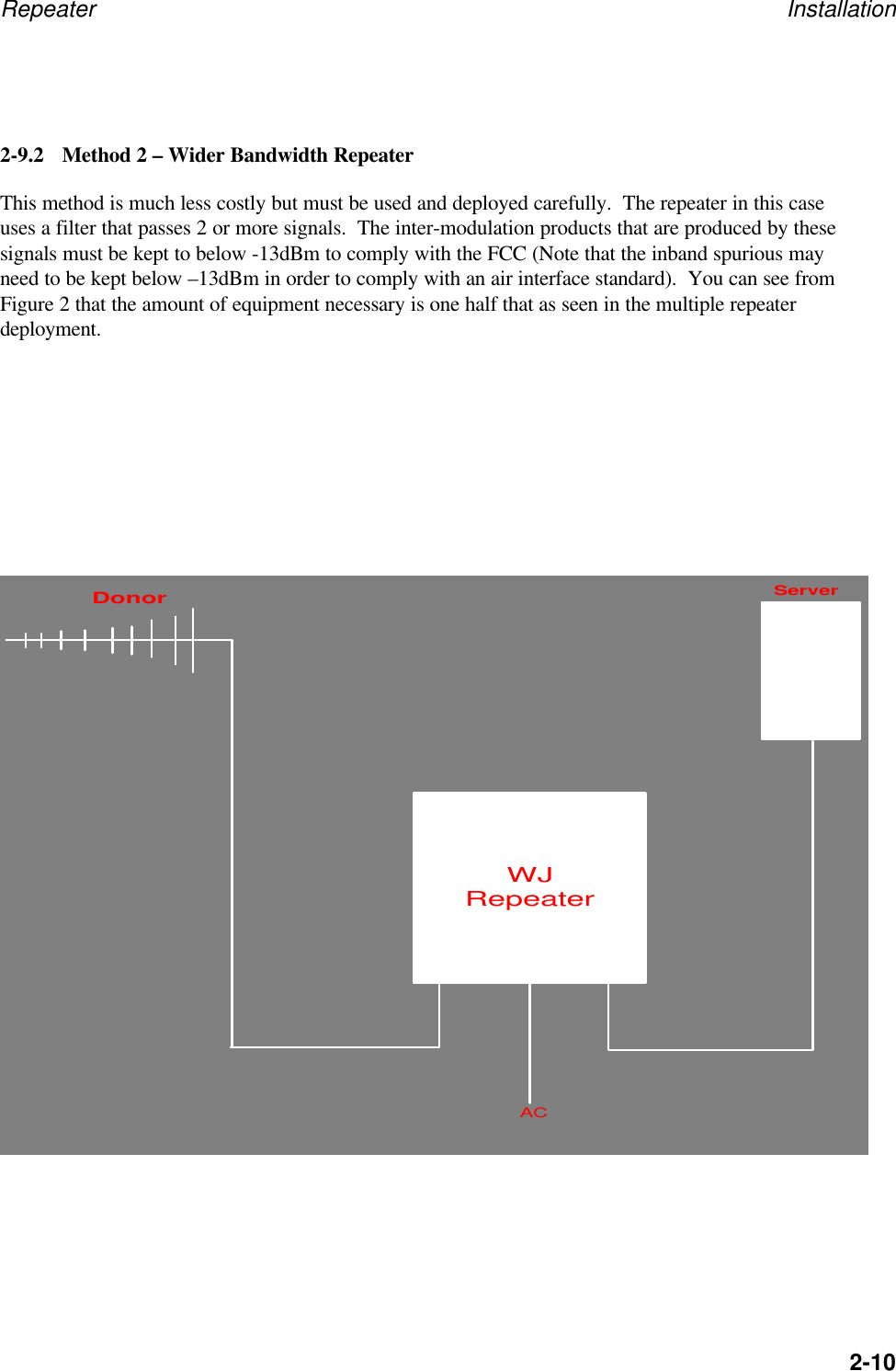 Repeater Installation2-102-9.2 Method 2 &ndash; Wider Bandwidth RepeaterThis method is much less costly but must be used and deployed carefully.  The repeater in this caseuses a filter that passes 2 or more signals.  The inter-modulation products that are produced by thesesignals must be kept to below -13dBm to comply with the FCC (Note that the inband spurious mayneed to be kept below &ndash;13dBm in order to comply with an air interface standard).  You can see fromFigure 2 that the amount of equipment necessary is one half that as seen in the multiple repeaterdeployment.ServerDonorWJRepeaterAC