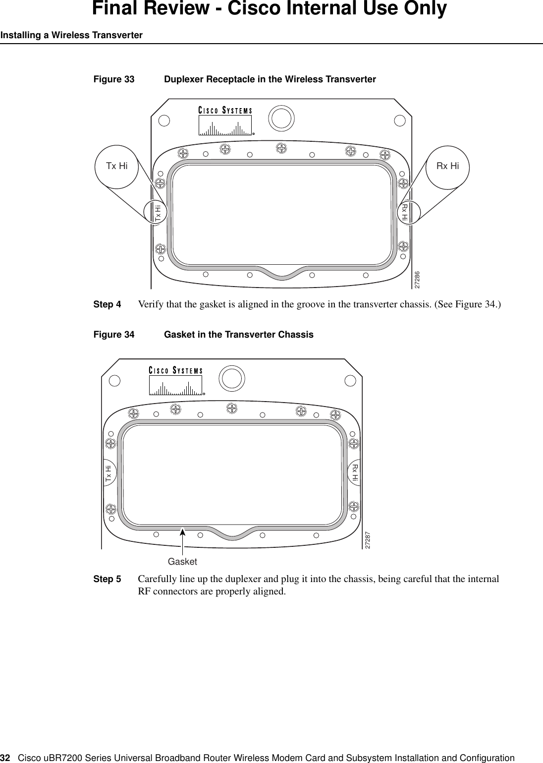 32 Cisco uBR7200 Series Universal Broadband Router Wireless Modem Card and Subsystem Installation and ConﬁgurationInstalling a Wireless TransverterFinal Review - Cisco Internal Use OnlyFigure 33 Duplexer Receptacle in the Wireless TransverterStep 4 Verify that the gasket is aligned in the groove in the transverter chassis. (See Figure 34.)Figure 34 Gasket in the Transverter ChassisStep 5 Carefully line up the duplexer and plug it into the chassis, being careful that the internalRF connectors are properly aligned.27286Tx HiRx HiTx Hi Rx Hi27287GasketTx HiRx Hi