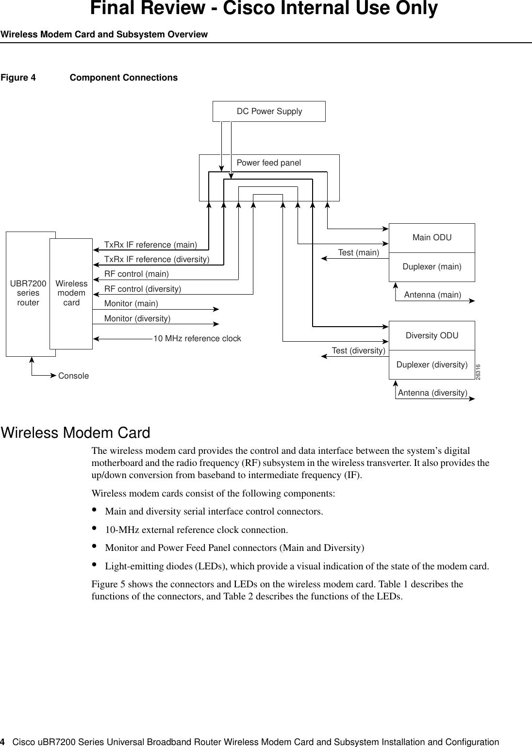 4Cisco uBR7200 Series Universal Broadband Router Wireless Modem Card and Subsystem Installation and ConﬁgurationWireless Modem Card and Subsystem OverviewFinal Review - Cisco Internal Use OnlyFigure 4 Component ConnectionsWireless Modem CardThe wireless modem card provides the control and data interface between the system&rsquo;s digitalmotherboard and the radio frequency (RF) subsystem in the wireless transverter. It also provides theup/down conversion from baseband to intermediate frequency (IF).Wireless modem cards consist of the following components:&bull;Main and diversity serial interface control connectors.&bull;10-MHz external reference clock connection.&bull;Monitor and Power Feed Panel connectors (Main and Diversity)&bull;Light-emitting diodes (LEDs), which provide a visual indication of the state of the modem card.Figure 5 shows the connectors and LEDs on the wireless modem card. Table 1 describes thefunctions of the connectors, and Table 2 describes the functions of the LEDs.26316UBR7200seriesrouterWirelessmodemcardPower feed panelDC Power SupplyMain ODUDuplexer (main)Antenna (main)Diversity ODUDuplexer (diversity)Antenna (diversity)Test (main)Test (diversity)TxRx IF reference (main)TxRx IF reference (diversity)RF control (main)RF control (diversity)Monitor (main)Monitor (diversity)10 MHz reference clockConsole