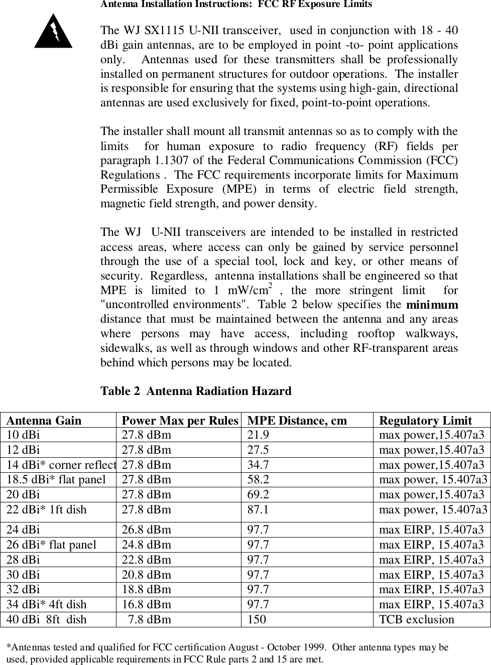Antenna Installation Instructions:  FCC RF Exposure LimitsThe WJ SX1115 U-NII transceiver,  used in conjunction with 18 - 40dBi gain antennas, are to be employed in point -to- point applicationsonly.   Antennas used for these transmitters shall be professionallyinstalled on permanent structures for outdoor operations.  The installeris responsible for ensuring that the systems using high-gain, directionalantennas are used exclusively for fixed, point-to-point operations.The installer shall mount all transmit antennas so as to comply with thelimits  for human exposure to radio frequency (RF) fields perparagraph 1.1307 of the Federal Communications Commission (FCC)Regulations .  The FCC requirements incorporate limits for MaximumPermissible Exposure (MPE) in terms of electric field strength,magnetic field strength, and power density.The WJ  U-NII transceivers are intended to be installed in restrictedaccess areas, where access can only be gained by service personnelthrough the use of a special tool, lock and key, or other means ofsecurity.  Regardless,  antenna installations shall be engineered so thatMPE is limited to 1 mW/cm2  , the more stringent limit  for"uncontrolled environments".  Table 2 below specifies the minimumdistance that must be maintained between the antenna and any areaswhere persons may have access, including rooftop walkways,sidewalks, as well as through windows and other RF-transparent areasbehind which persons may be located.Table 2  Antenna Radiation HazardAntenna Gain Power Max per Rules MPE Distance, cm Regulatory Limit10 dBi 27.8 dBm 21.9 max power,15.407a312 dBi 27.8 dBm 27.5 max power,15.407a314 dBi* corner reflect27.8 dBm 34.7 max power,15.407a318.5 dBi* flat panel 27.8 dBm 58.2 max power, 15.407a320 dBi 27.8 dBm 69.2 max power,15.407a322 dBi* 1ft dish 27.8 dBm 87.1 max power, 15.407a324 dBi 26.8 dBm 97.7 max EIRP, 15.407a326 dBi* flat panel 24.8 dBm 97.7 max EIRP, 15.407a328 dBi 22.8 dBm 97.7 max EIRP, 15.407a330 dBi 20.8 dBm 97.7 max EIRP, 15.407a332 dBi 18.8 dBm 97.7 max EIRP, 15.407a334 dBi* 4ft dish 16.8 dBm 97.7 max EIRP, 15.407a340 dBi  8ft  dish   7.8 dBm 150 TCB exclusion*Antennas tested and qualified for FCC certification August - October 1999.  Other antenna types may beused, provided applicable requirements in FCC Rule parts 2 and 15 are met.