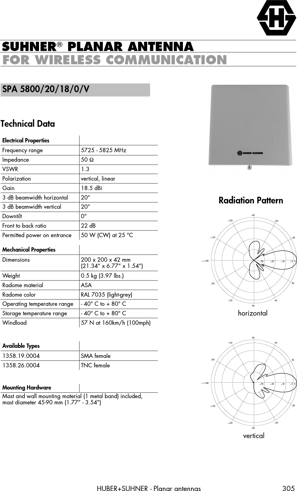 68+1(5&Ecirc;3/$1$5 $17(11$+8%(568+1(5  3ODQDU DQWHQQDV)25 :,5(/(66 &amp;20081,&amp;$7,2163$ 97HFKQLFDO 'DWD(OHFWULFDO 3URSHUWLHV)UHTXHQF\ UDQJH    0+],PSHGDQFH  W96:5 3RODUL]DWLRQ YHUWLFDO OLQHDU*DLQ  G%L G% EHDPZLGWK KRUL]RQWDO  G% EHDPZLGWK YHUWLFDO 'RZQWLOW )URQW WR EDFN UDWLR  G%3HUPLWWHG SRZHU RQ HQWUDQFH  : &amp;: DW  &amp;0HFKDQLFDO 3URSHUWLHV'LPHQVLRQV  [  [  PP&sect; [ &sect; [ &sect;:HLJKW  NJ  OEV5DGRPH PDWHULDO $6$5DGRPH FRORU 5$/  OLJKWJUH\2SHUDWLQJ WHPSHUDWXUH UDQJH &amp;WR&amp;6WRUDJH WHPSHUDWXUH UDQJH &amp;WR&amp;:LQGORDG  1 DW NPK PSK$YDLODEOH 7\SHV 60$ IHPDOH 71&amp; IHPDOH0RXQWLQJ +DUGZDUH0DVW DQG ZDOO PRXQWLQJ PDWHULDO  PHWDO EDQG LQFOXGHGPDVW GLDPHWHU  PP &sect;  &sect;KRUL]RQWDO5DGLDWLRQ 3DWWHUQYHUWLFDO