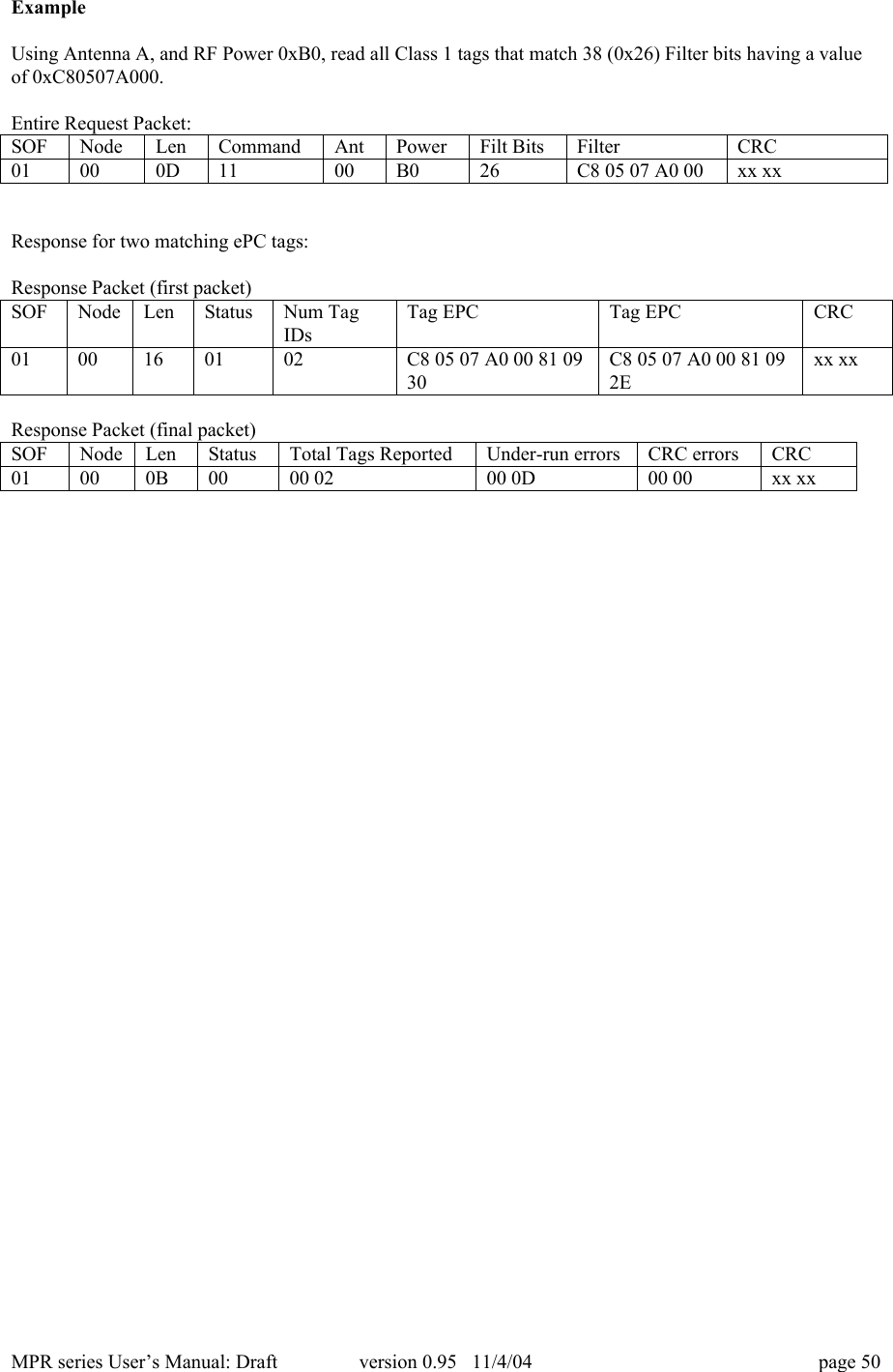 MPR series User&rsquo;s Manual: Draft version 0.95   11/4/04 page 50ExampleUsing Antenna A, and RF Power 0xB0, read all Class 1 tags that match 38 (0x26) Filter bits having a valueof 0xC80507A000.Entire Request Packet:SOFNodeLenCommandAntPowerFilt BitsFilterCRC01000D1100B026C8 05 07 A0 00xx xxResponse for two matching ePC tags:Response Packet (first packet)SOFNodeLenStatusNum TagIDsTag EPCTag EPCCRC0100160102C8 05 07 A0 00 81 0930C8 05 07 A0 00 81 092Exx xxResponse Packet (final packet)SOFNodeLenStatusTotal Tags ReportedUnder-run errorsCRC errorsCRC01000B0000 0200 0D00 00xx xx