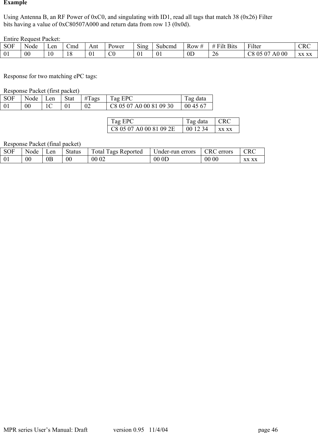 MPR series User&rsquo;s Manual: Draft version 0.95   11/4/04 page 46ExampleUsing Antenna B, an RF Power of 0xC0, and singulating with ID1, read all tags that match 38 (0x26) Filterbits having a value of 0xC80507A000 and return data from row 13 (0x0d).Entire Request Packet:SOFNodeLenCmdAntPowerSingSubcmdRow ## Filt BitsFilterCRC0100101801C001010D26C8 05 07 A0 00xx xxResponse for two matching ePC tags:Response Packet (first packet)SOFNodeLenStat#TagsTag EPCTag data01001C0102C8 05 07 A0 00 81 09 3000 45 67Tag EPCTag dataCRCC8 05 07 A0 00 81 09 2E00 12 34xx xxResponse Packet (final packet)SOFNodeLenStatusTotal Tags ReportedUnder-run errorsCRC errorsCRC01000B0000 0200 0D00 00xx xx