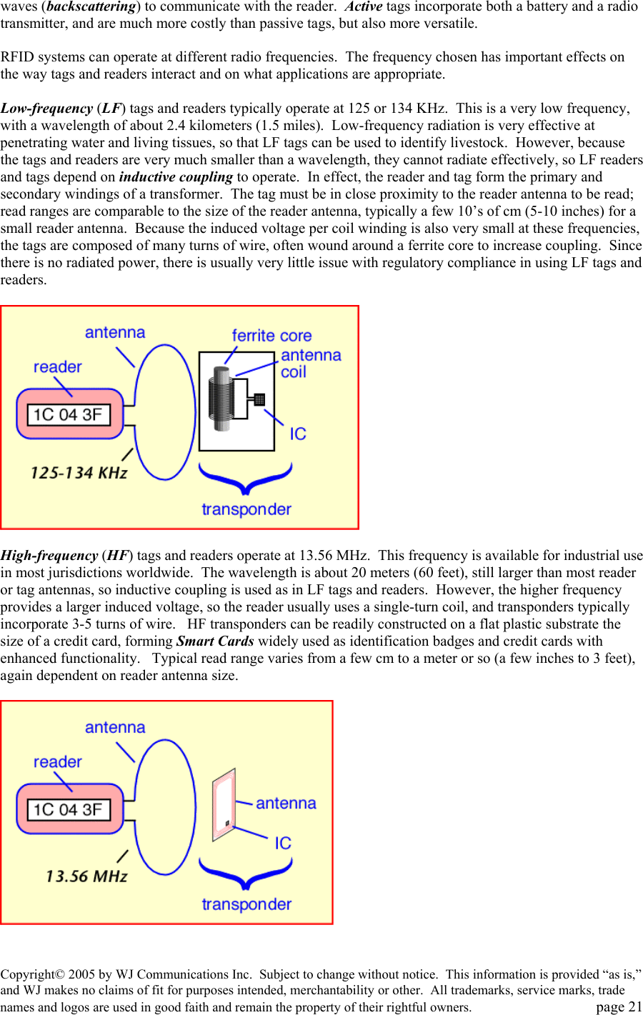 Copyright&copy; 2005 by WJ Communications Inc.  Subject to change without notice.  This information is provided &ldquo;as is,&rdquo; and WJ makes no claims of fit for purposes intended, merchantability or other.  All trademarks, service marks, trade names and logos are used in good faith and remain the property of their rightful owners.   page 21 waves (backscattering) to communicate with the reader.  Active tags incorporate both a battery and a radio transmitter, and are much more costly than passive tags, but also more versatile.  RFID systems can operate at different radio frequencies.  The frequency chosen has important effects on the way tags and readers interact and on what applications are appropriate.    Low-frequency (LF) tags and readers typically operate at 125 or 134 KHz.  This is a very low frequency, with a wavelength of about 2.4 kilometers (1.5 miles).  Low-frequency radiation is very effective at penetrating water and living tissues, so that LF tags can be used to identify livestock.  However, because the tags and readers are very much smaller than a wavelength, they cannot radiate effectively, so LF readers and tags depend on inductive coupling to operate.  In effect, the reader and tag form the primary and secondary windings of a transformer.  The tag must be in close proximity to the reader antenna to be read; read ranges are comparable to the size of the reader antenna, typically a few 10&rsquo;s of cm (5-10 inches) for a small reader antenna.  Because the induced voltage per coil winding is also very small at these frequencies, the tags are composed of many turns of wire, often wound around a ferrite core to increase coupling.  Since there is no radiated power, there is usually very little issue with regulatory compliance in using LF tags and readers.     High-frequency (HF) tags and readers operate at 13.56 MHz.  This frequency is available for industrial use in most jurisdictions worldwide.  The wavelength is about 20 meters (60 feet), still larger than most reader or tag antennas, so inductive coupling is used as in LF tags and readers.  However, the higher frequency provides a larger induced voltage, so the reader usually uses a single-turn coil, and transponders typically incorporate 3-5 turns of wire.   HF transponders can be readily constructed on a flat plastic substrate the size of a credit card, forming Smart Cards widely used as identification badges and credit cards with enhanced functionality.   Typical read range varies from a few cm to a meter or so (a few inches to 3 feet), again dependent on reader antenna size.      