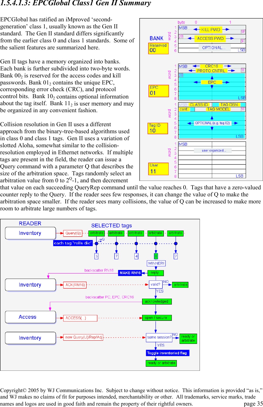 Copyright&copy; 2005 by WJ Communications Inc.  Subject to change without notice.  This information is provided &ldquo;as is,&rdquo; and WJ makes no claims of fit for purposes intended, merchantability or other.  All trademarks, service marks, trade names and logos are used in good faith and remain the property of their rightful owners.   page 35 1.5.4.1.3: EPCGlobal Class1 Gen II Summary  EPCGlobal has ratified an iMproved &lsquo;second-generation&rsquo; class 1, usually known as the Gen II standard.  The Gen II standard differs significantly from the earlier class 0 and class 1 standards.  Some of the salient features are summarized here.    Gen II tags have a memory organized into banks.  Each bank is further subdivided into two-byte words.  Bank 002 is reserved for the access codes and kill passwords. Bank 012 contains the unique EPC, corresponding error check (CRC), and protocol control bits.  Bank 102 contains optional information about the tag itself.  Bank 112 is user memory and may be organized in any convenient fashion.    Collision resolution in Gen II uses a different approach from the binary-tree-based algorithms used in class 0 and class 1 tags.  Gen II uses a variation of slotted Aloha, somewhat similar to the collision-resolution employed in Ethernet networks.  If multiple tags are present in the field, the reader can issue a Query command with a parameter Q that describes the size of the arbitration space.  Tags randomly select an arbitration value from 0 to 2Q-1, and then decrement that value on each succeeding QueryRep command until the value reaches 0.  Tags that have a zero-valued counter reply to the Query.  If the reader sees few responses, it can change the value of Q to make the arbitration space smaller.  If the reader sees many collisions, the value of Q can be increased to make more room to arbitrate large numbers of tags.     