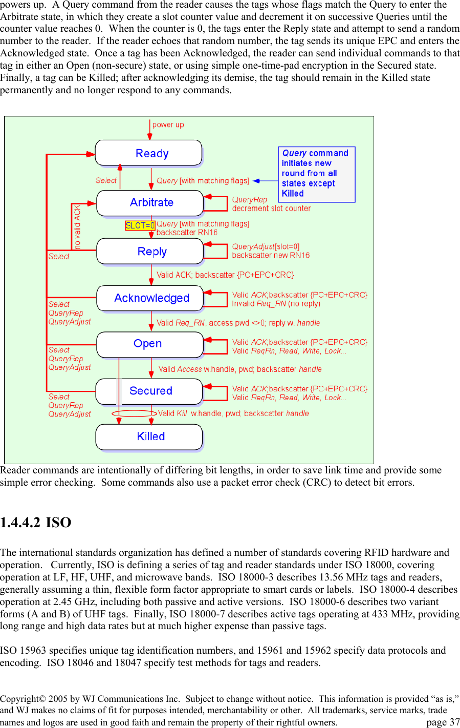 Copyright&copy; 2005 by WJ Communications Inc.  Subject to change without notice.  This information is provided &ldquo;as is,&rdquo; and WJ makes no claims of fit for purposes intended, merchantability or other.  All trademarks, service marks, trade names and logos are used in good faith and remain the property of their rightful owners.   page 37 powers up.  A Query command from the reader causes the tags whose flags match the Query to enter the Arbitrate state, in which they create a slot counter value and decrement it on successive Queries until the counter value reaches 0.  When the counter is 0, the tags enter the Reply state and attempt to send a random number to the reader.  If the reader echoes that random number, the tag sends its unique EPC and enters the Acknowledged state.  Once a tag has been Acknowledged, the reader can send individual commands to that tag in either an Open (non-secure) state, or using simple one-time-pad encryption in the Secured state.  Finally, a tag can be Killed; after acknowledging its demise, the tag should remain in the Killed state permanently and no longer respond to any commands.    Reader commands are intentionally of differing bit lengths, in order to save link time and provide some simple error checking.  Some commands also use a packet error check (CRC) to detect bit errors.     1.4.4.2 ISO  The international standards organization has defined a number of standards covering RFID hardware and operation.   Currently, ISO is defining a series of tag and reader standards under ISO 18000, covering operation at LF, HF, UHF, and microwave bands.  ISO 18000-3 describes 13.56 MHz tags and readers, generally assuming a thin, flexible form factor appropriate to smart cards or labels.  ISO 18000-4 describes operation at 2.45 GHz, including both passive and active versions.  ISO 18000-6 describes two variant forms (A and B) of UHF tags.  Finally, ISO 18000-7 describes active tags operating at 433 MHz, providing long range and high data rates but at much higher expense than passive tags.    ISO 15963 specifies unique tag identification numbers, and 15961 and 15962 specify data protocols and encoding.  ISO 18046 and 18047 specify test methods for tags and readers.    