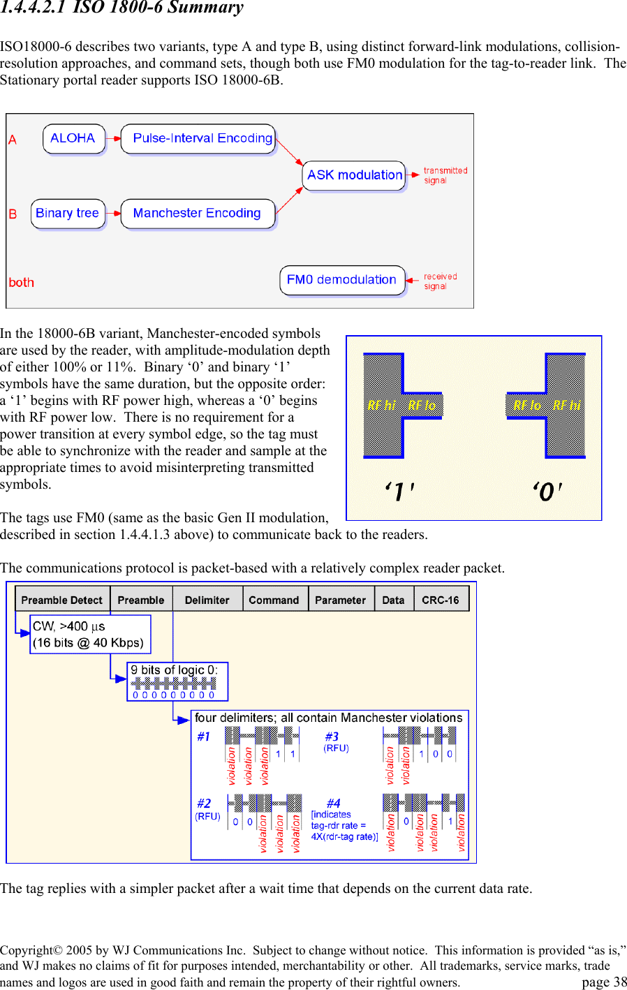 Copyright&copy; 2005 by WJ Communications Inc.  Subject to change without notice.  This information is provided &ldquo;as is,&rdquo; and WJ makes no claims of fit for purposes intended, merchantability or other.  All trademarks, service marks, trade names and logos are used in good faith and remain the property of their rightful owners.   page 38 1.4.4.2.1  ISO 1800-6 Summary  ISO18000-6 describes two variants, type A and type B, using distinct forward-link modulations, collision-resolution approaches, and command sets, though both use FM0 modulation for the tag-to-reader link.  The Stationary portal reader supports ISO 18000-6B.     In the 18000-6B variant, Manchester-encoded symbols are used by the reader, with amplitude-modulation depth of either 100% or 11%.  Binary &lsquo;0&rsquo; and binary &lsquo;1&rsquo; symbols have the same duration, but the opposite order: a &lsquo;1&rsquo; begins with RF power high, whereas a &lsquo;0&rsquo; begins with RF power low.  There is no requirement for a power transition at every symbol edge, so the tag must be able to synchronize with the reader and sample at the appropriate times to avoid misinterpreting transmitted symbols.  The tags use FM0 (same as the basic Gen II modulation, described in section 1.4.4.1.3 above) to communicate back to the readers.    The communications protocol is packet-based with a relatively complex reader packet.    The tag replies with a simpler packet after a wait time that depends on the current data rate.    